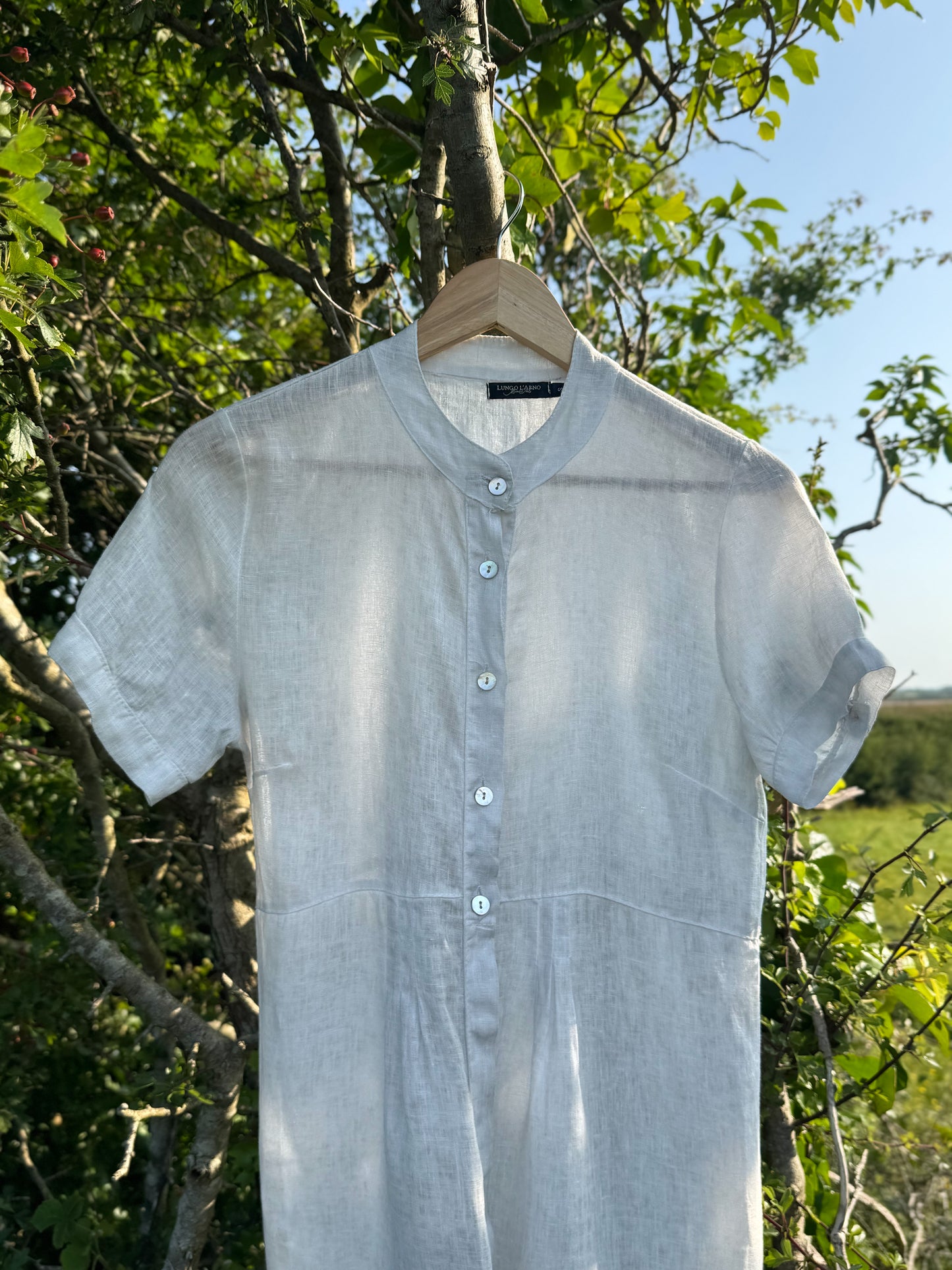 Vintage Italian Lungo L’Arno Linen Shirt Dress with Mother of Pearl Buttons – Size S