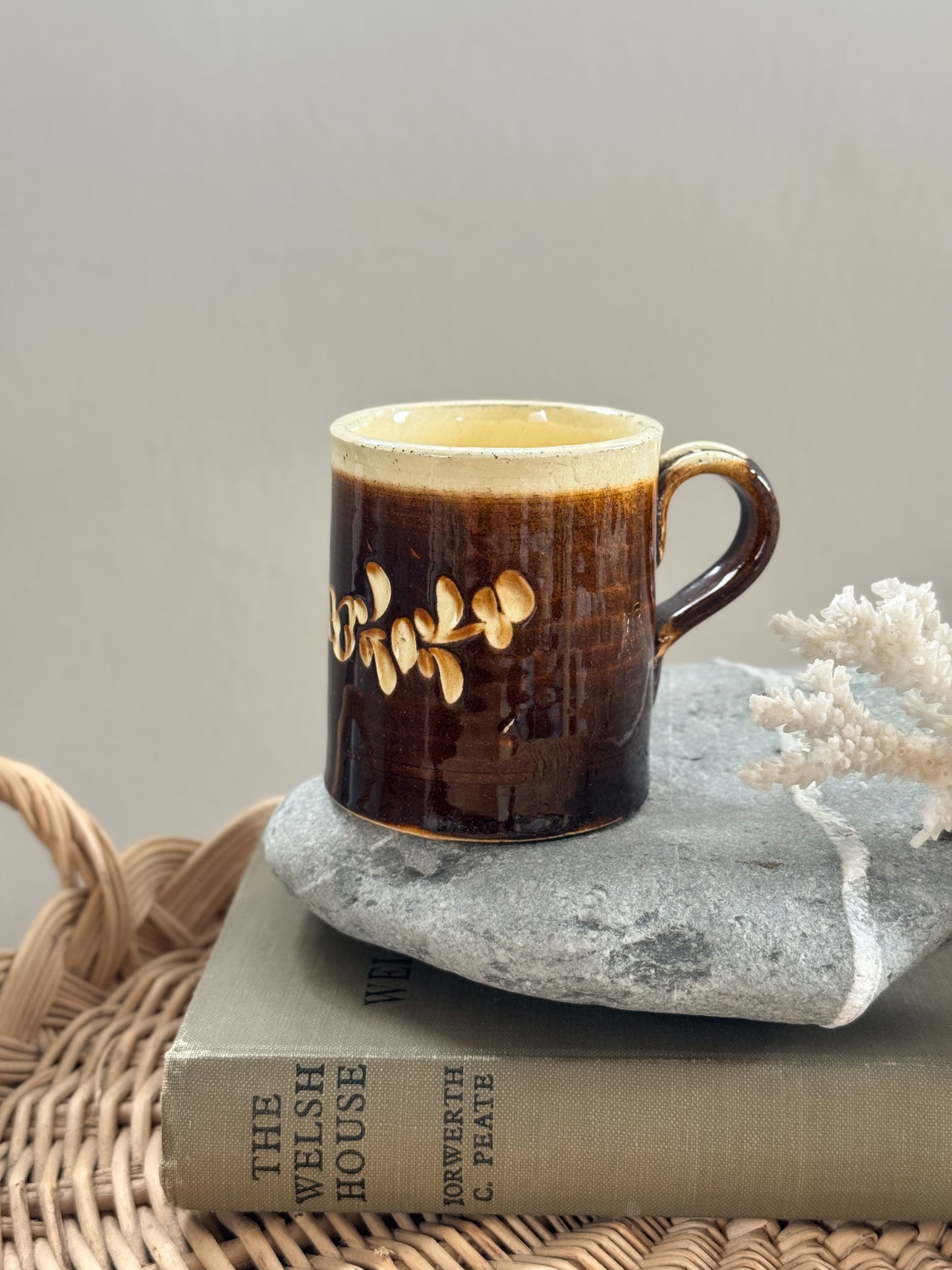 Antique Slipware Cup with Hand-Trailed Floral Decoration - Traditional British Earthenware, Rich Treacle Glaze, Early 20th Century