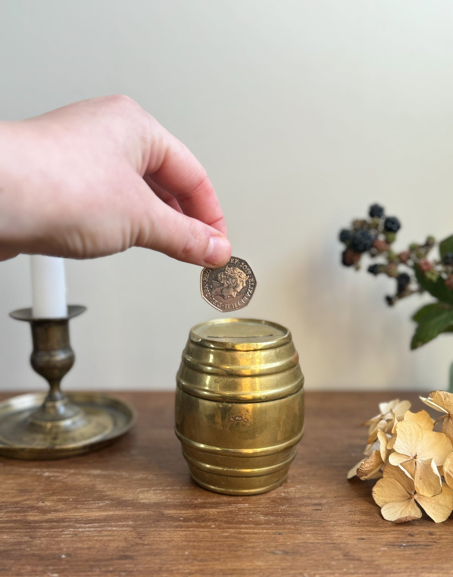 Vintage Brass Barrel Shaped Money Box