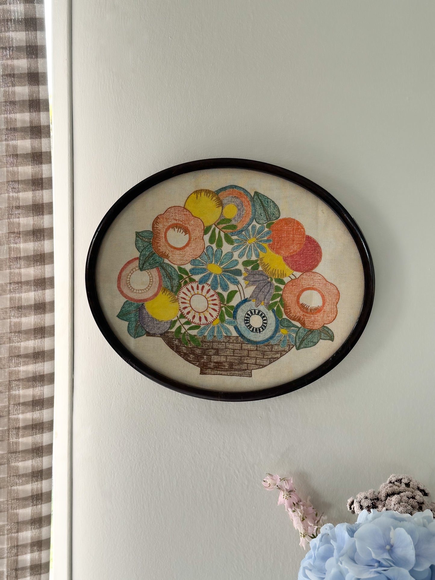 Framed Vintage 1930s Floral Embroidery in Glass-Fronted Wooden Frame