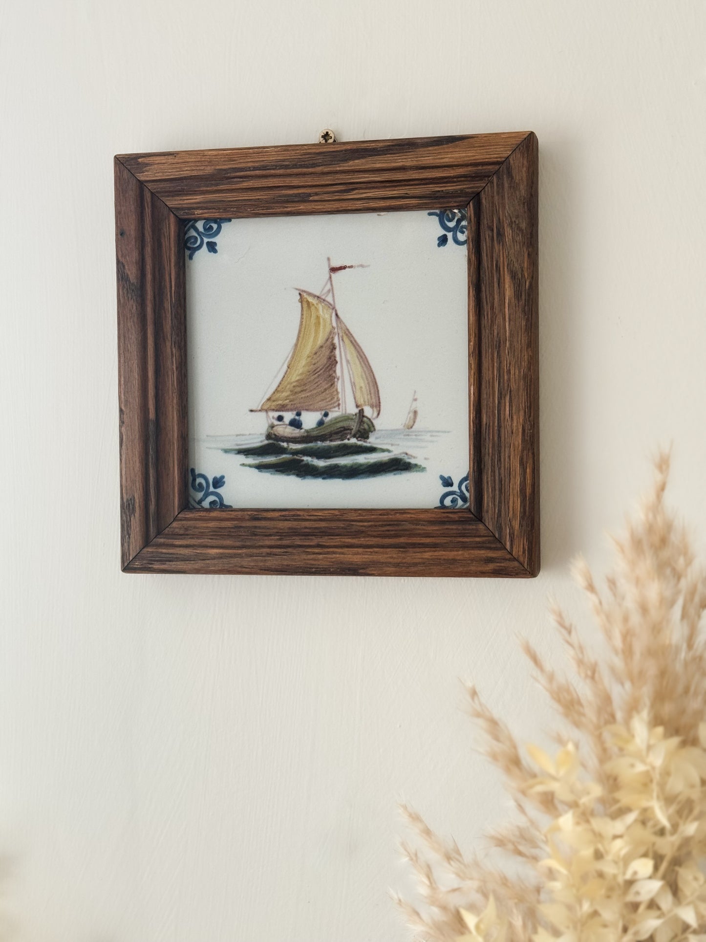 Vintage Framed Dutch Ceramic Tichelaars Royal Makkumer Pottery Tile | Sailing Boat