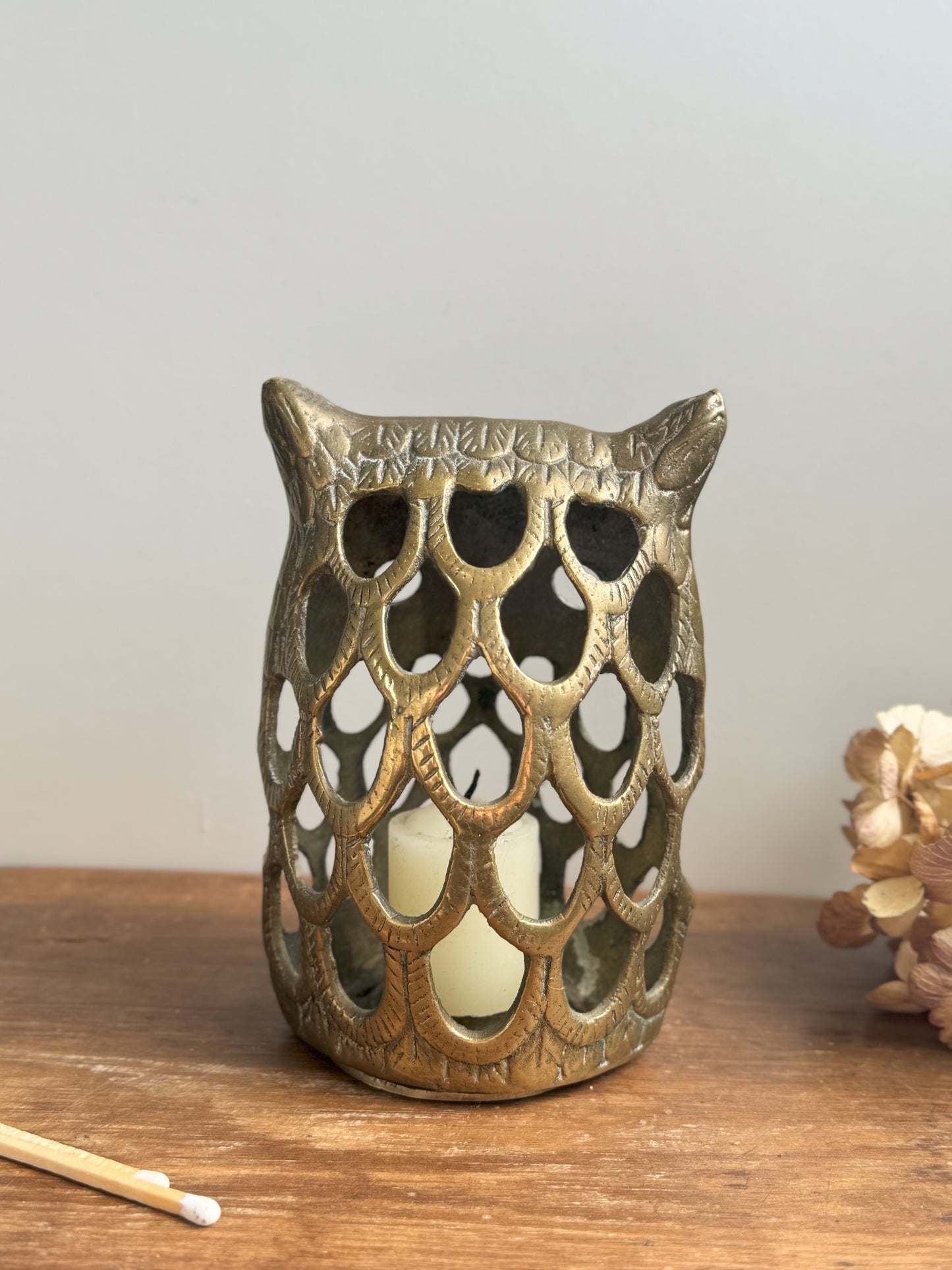 Vintage Solid Brass Owl Lantern • Candle Holder