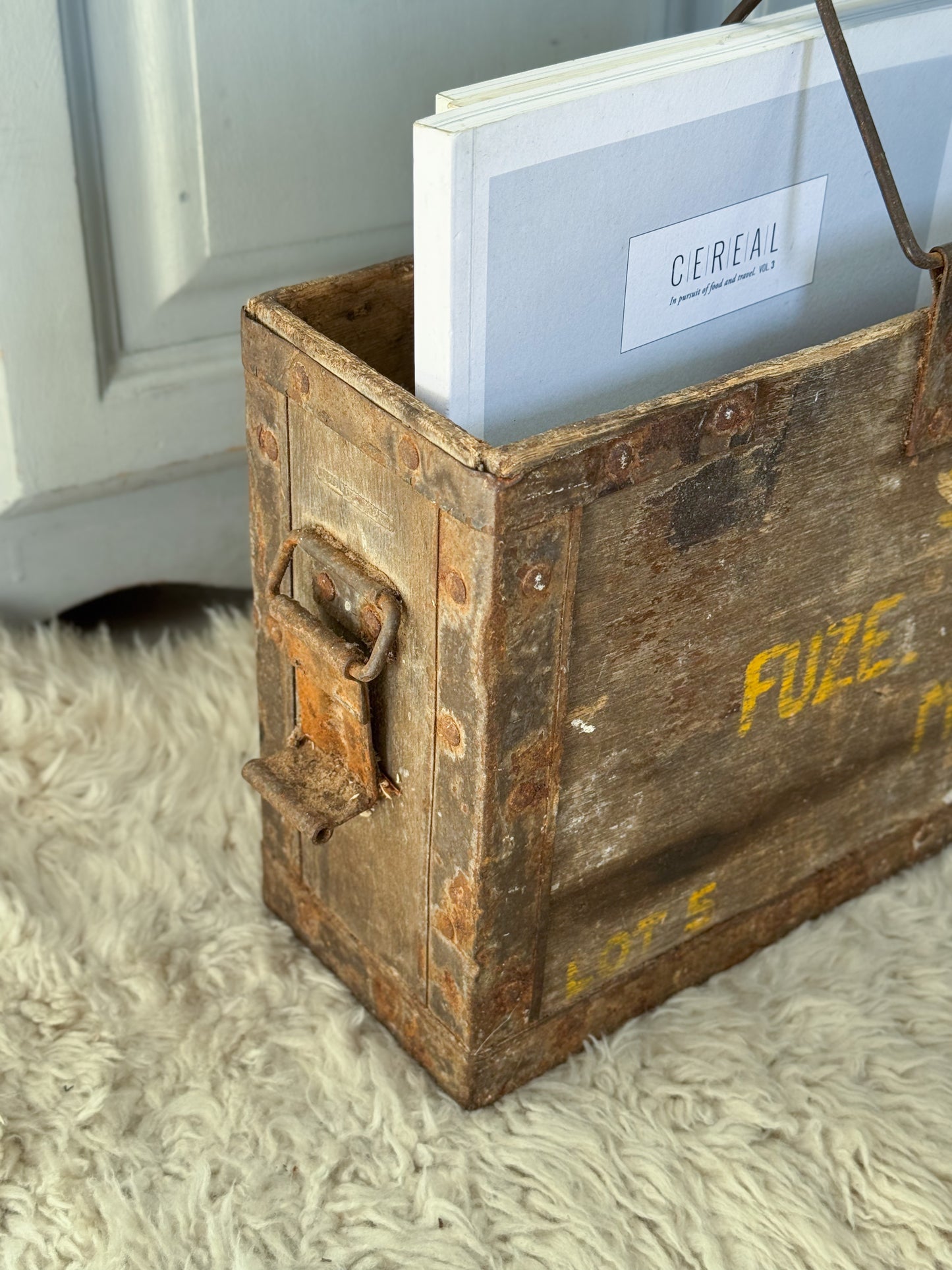 Vintage Wooden Ammunition Box with Iron Handle • Magazine Rack