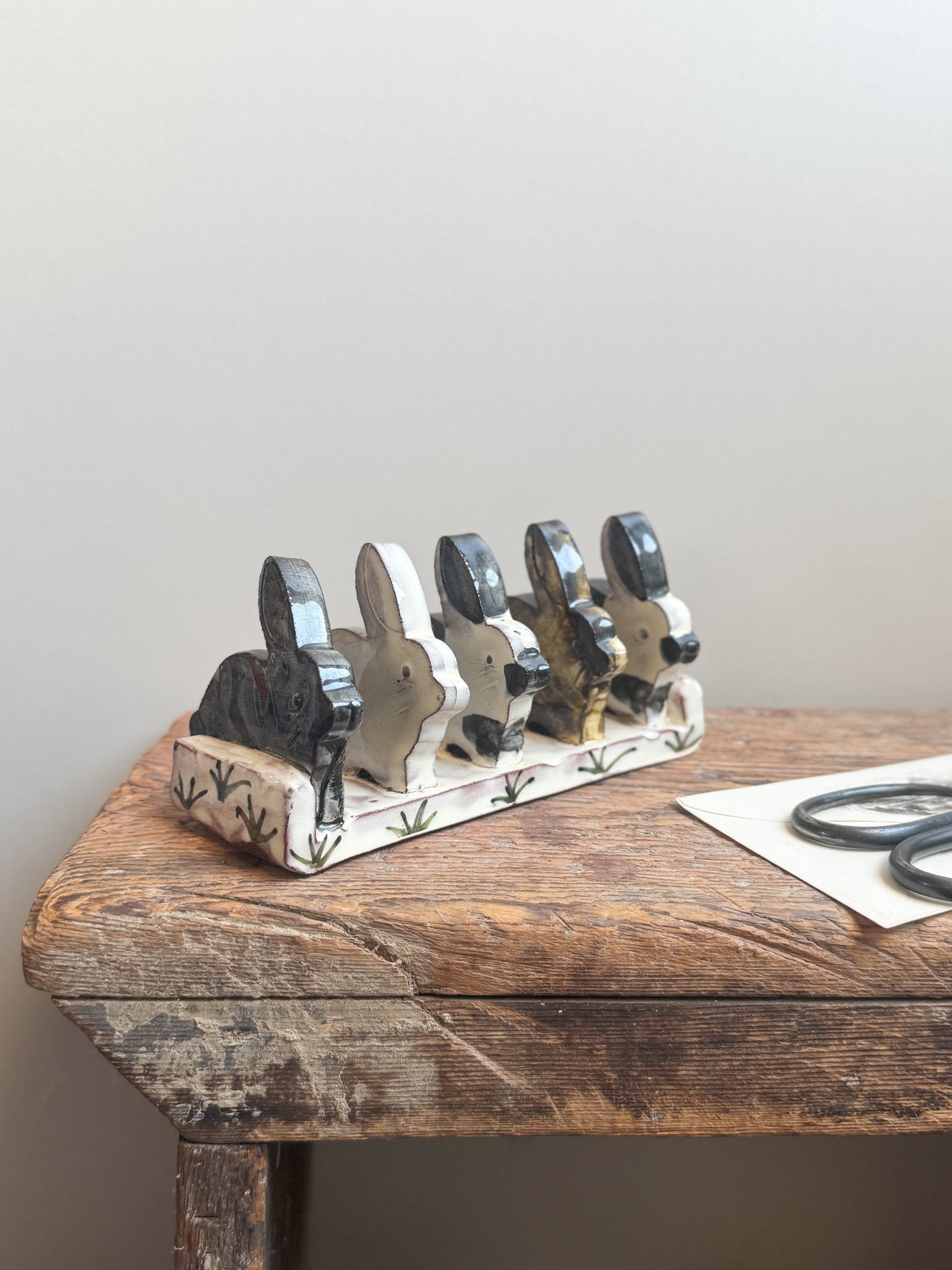 Studio Pottery Slipware ‘Bunny Rabbit’ Letter Rack by Heather Swain, Cornwall | Toast Rack, Napkin Holder