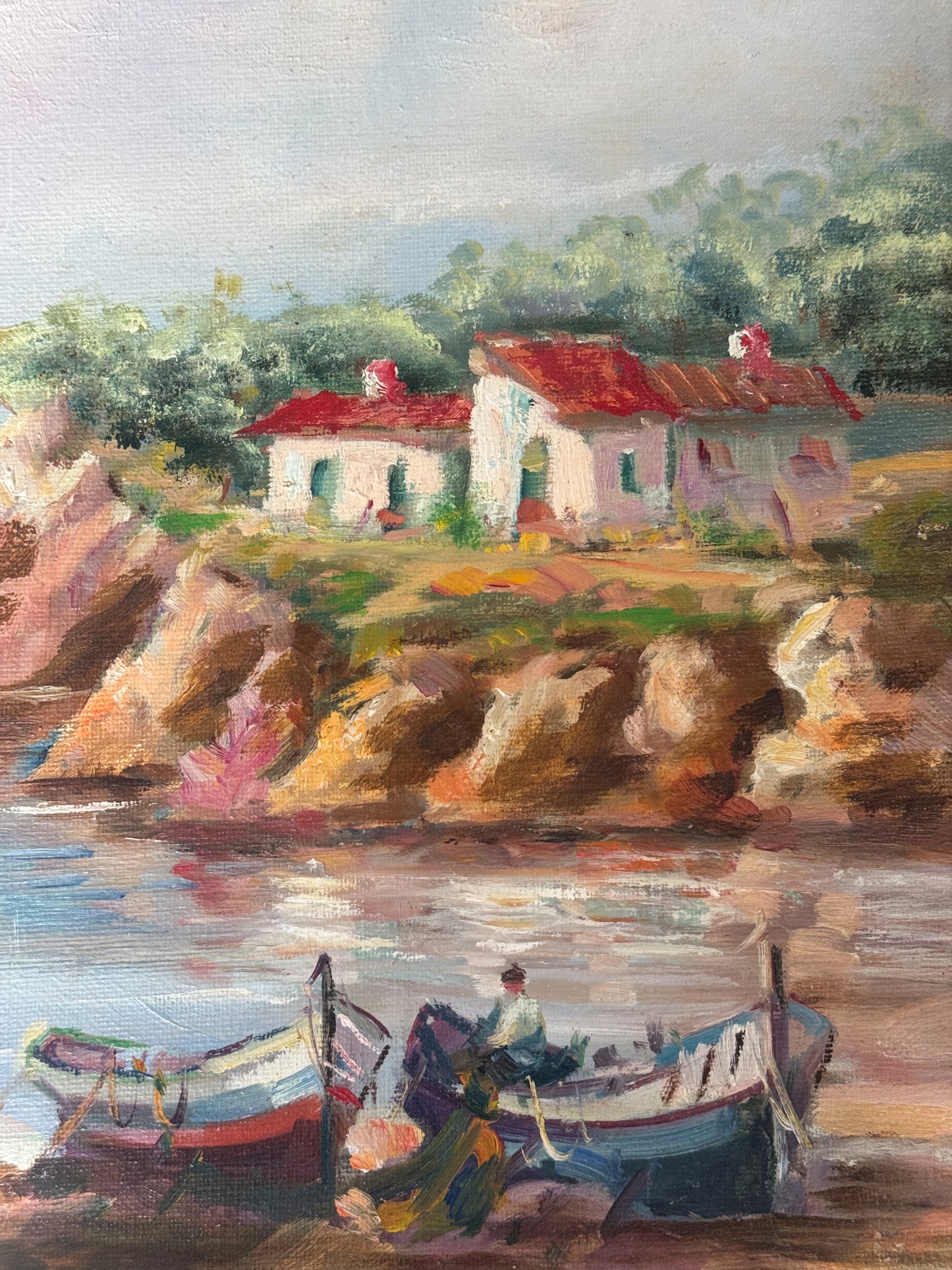 Vintage Original Framed Oil on Canvas - Impressionist Mediterranean Costal Scene