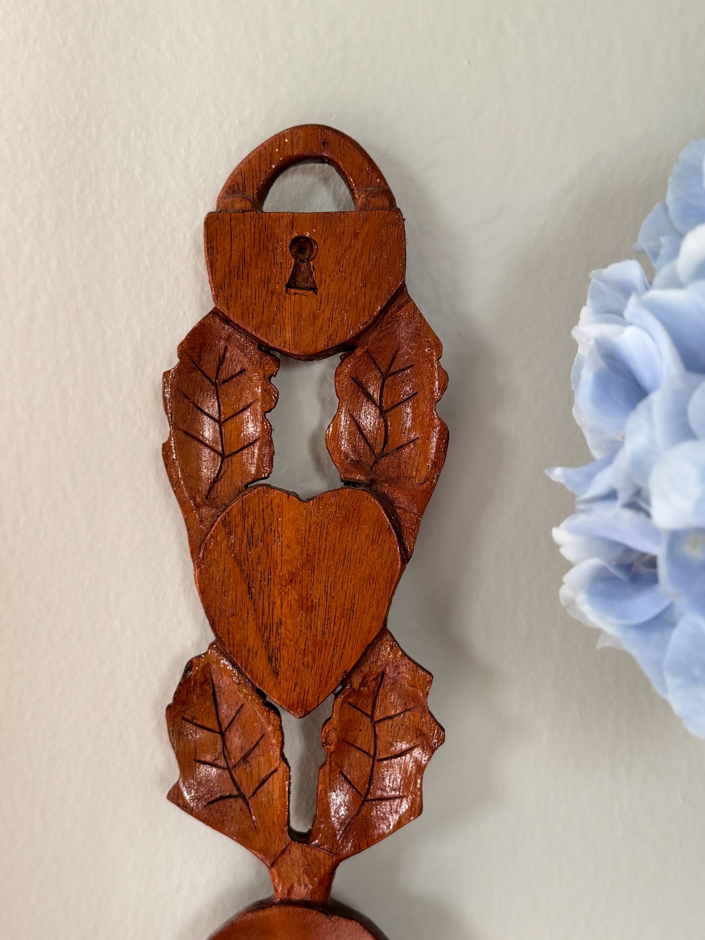 Vintage Hand-Carved Welsh Love Spoon with Lock, Heart & Leaf Motifs