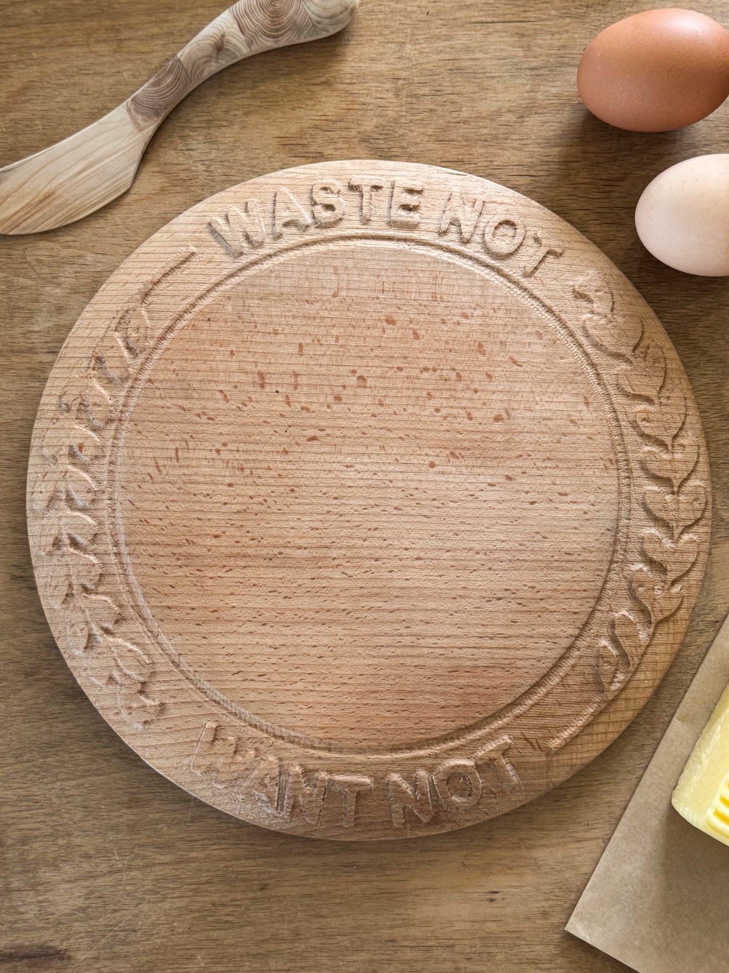 Vintage Hand-Carved Sycamore ‘Waste Not Want Not’ Bread Board • Chopping Board