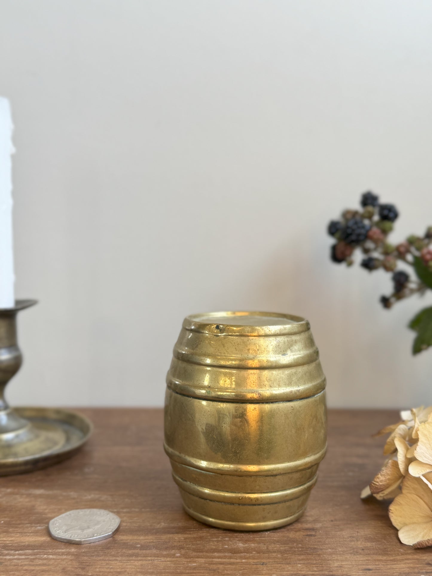 Vintage Brass Barrel Shaped Money Box