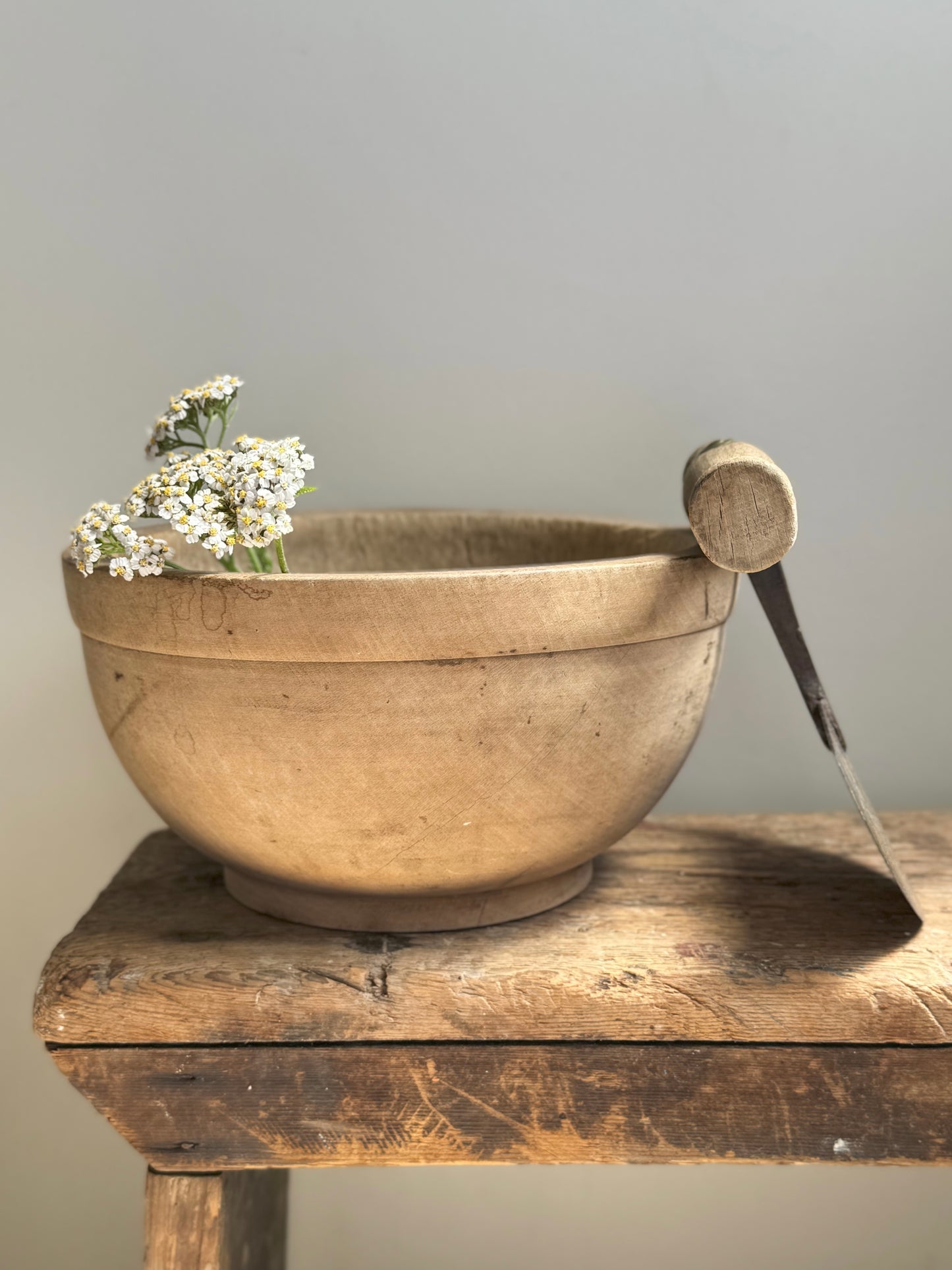 Vintage Handmade Pine Mortar & Mezzaluna Knife