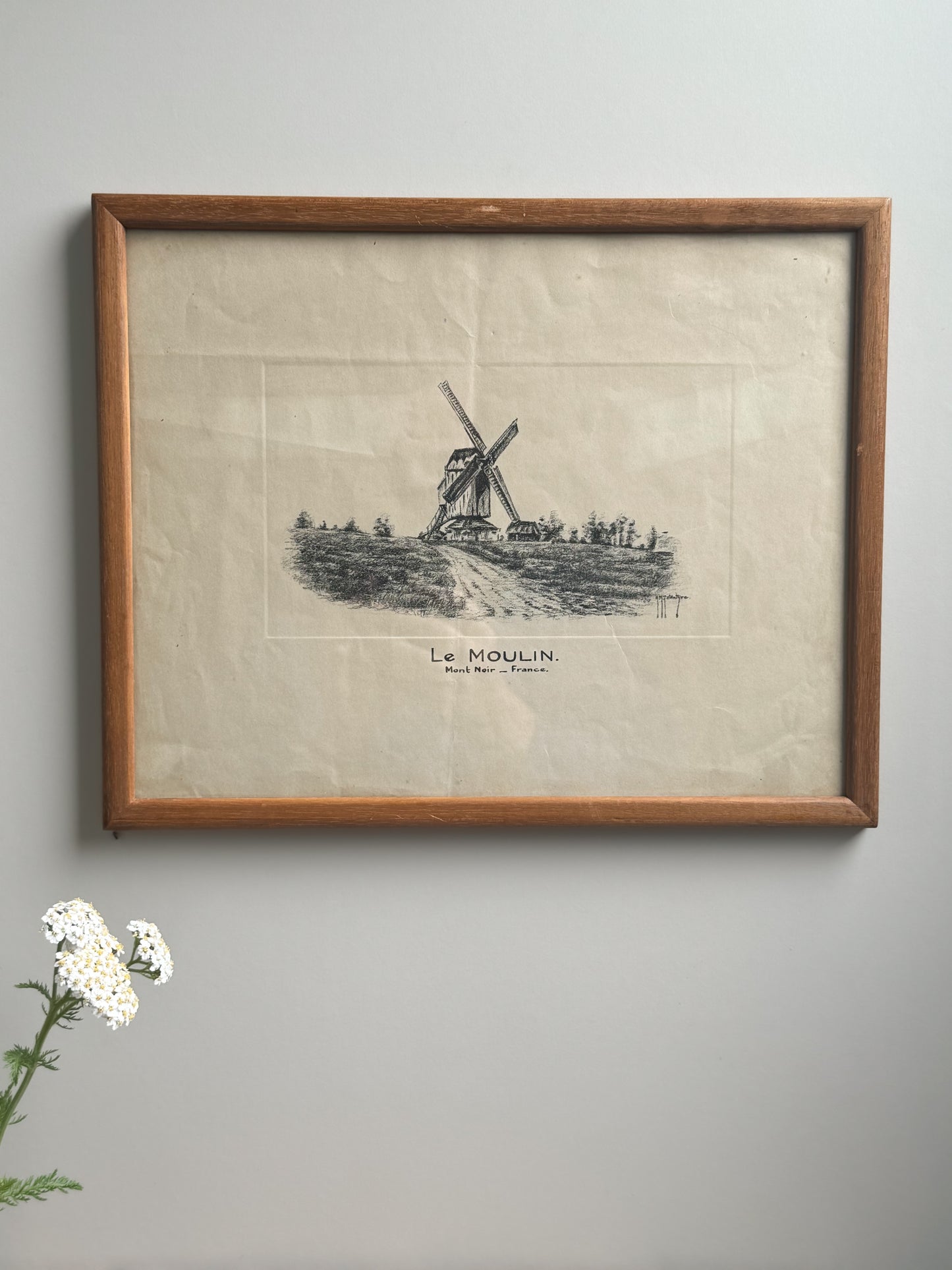 Vintage French Windmill, Mont Noir Framed Pencil Sketch