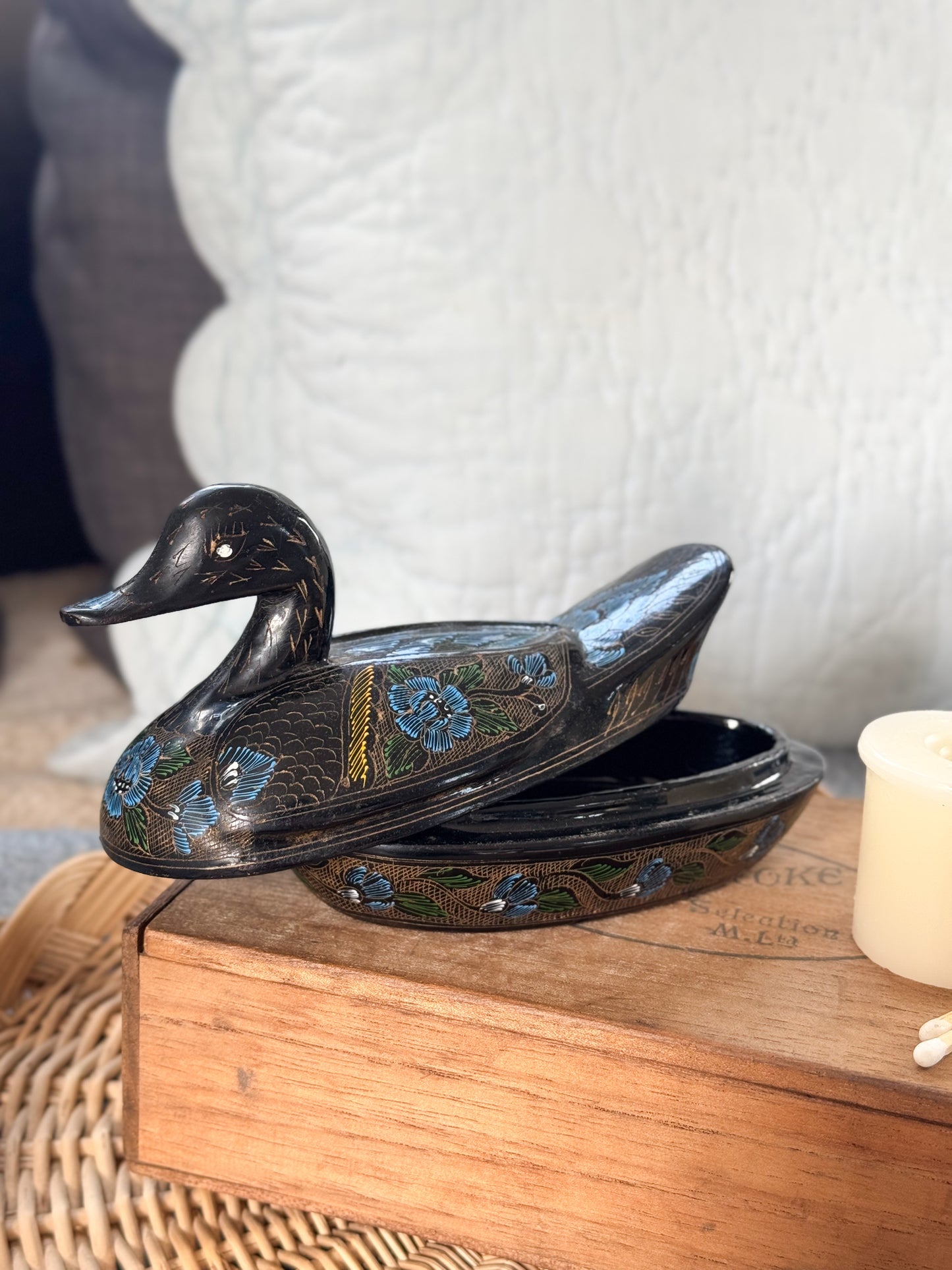 Vintage Hand-Painted Lacquered Duck Trinket Box