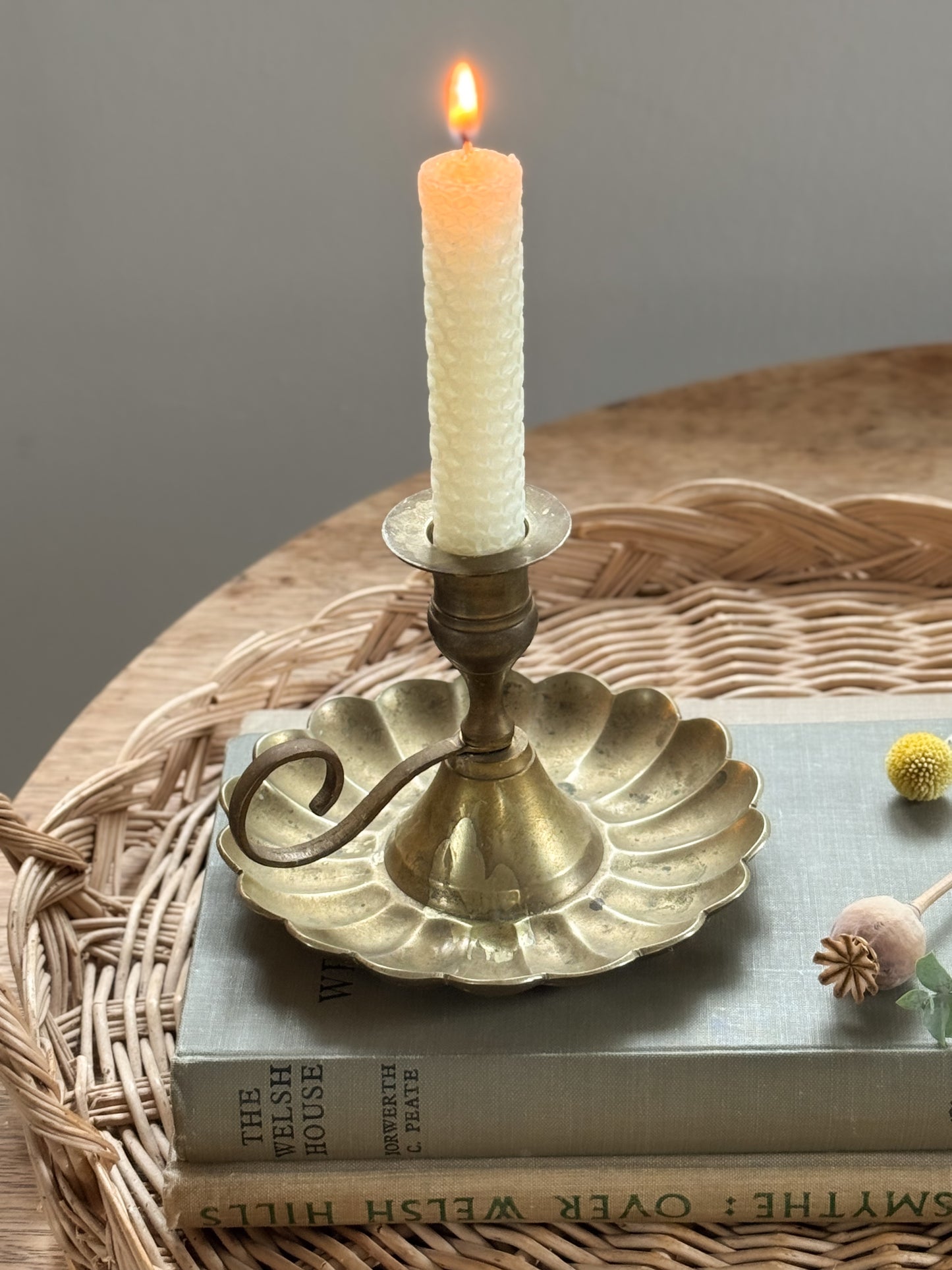 Vintage Tall Solid Brass Chamberstick with Scalloped Edge