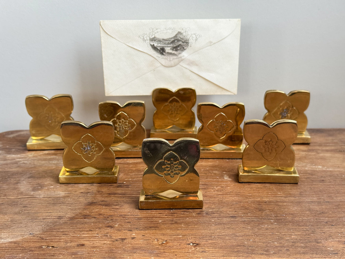 Vintage Brass Flower Place Card Holders • Set of 8