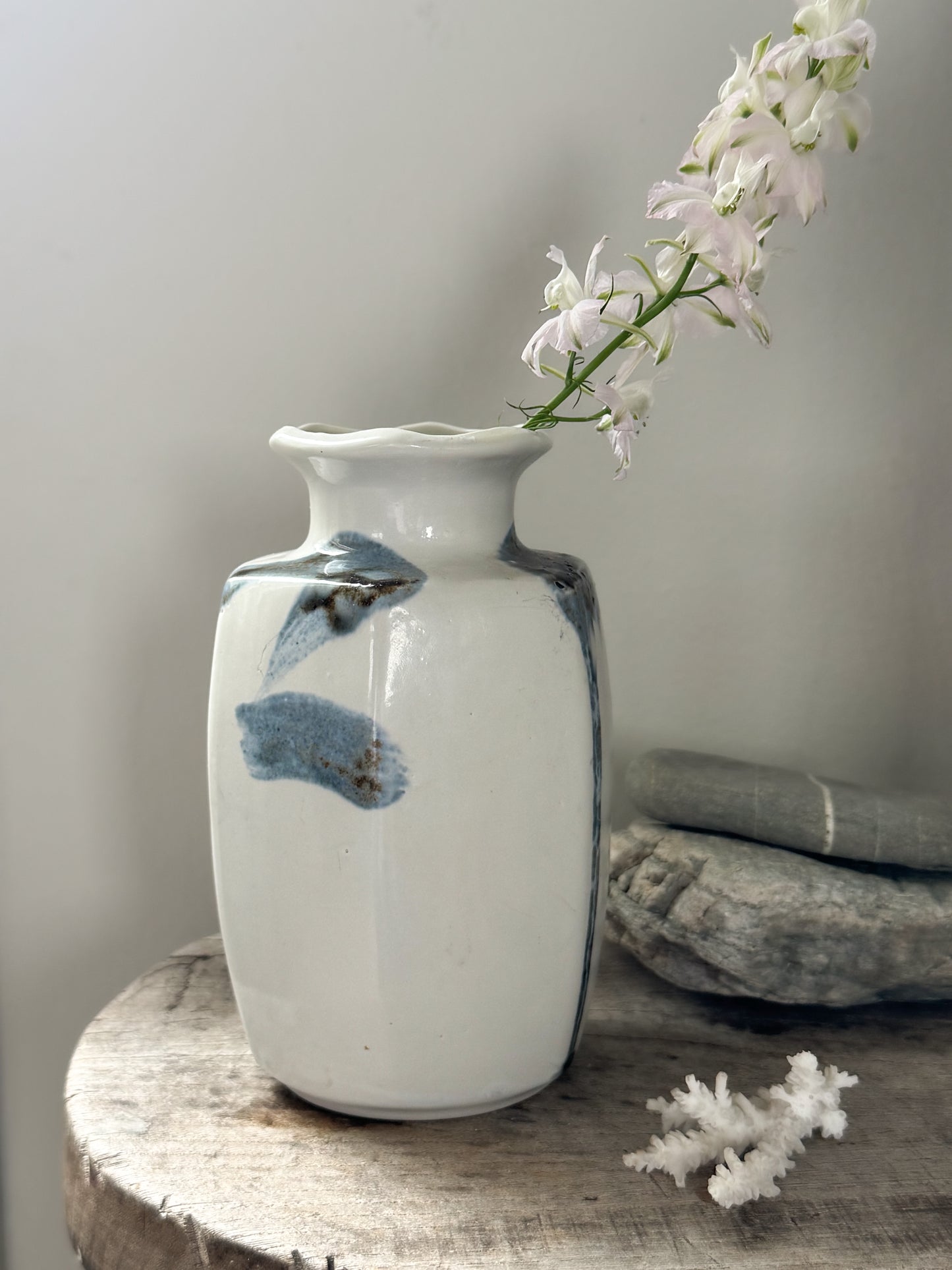Vintage Studio Pottery Vase with Watercolour Blue Brushwork & Ruffled Rim