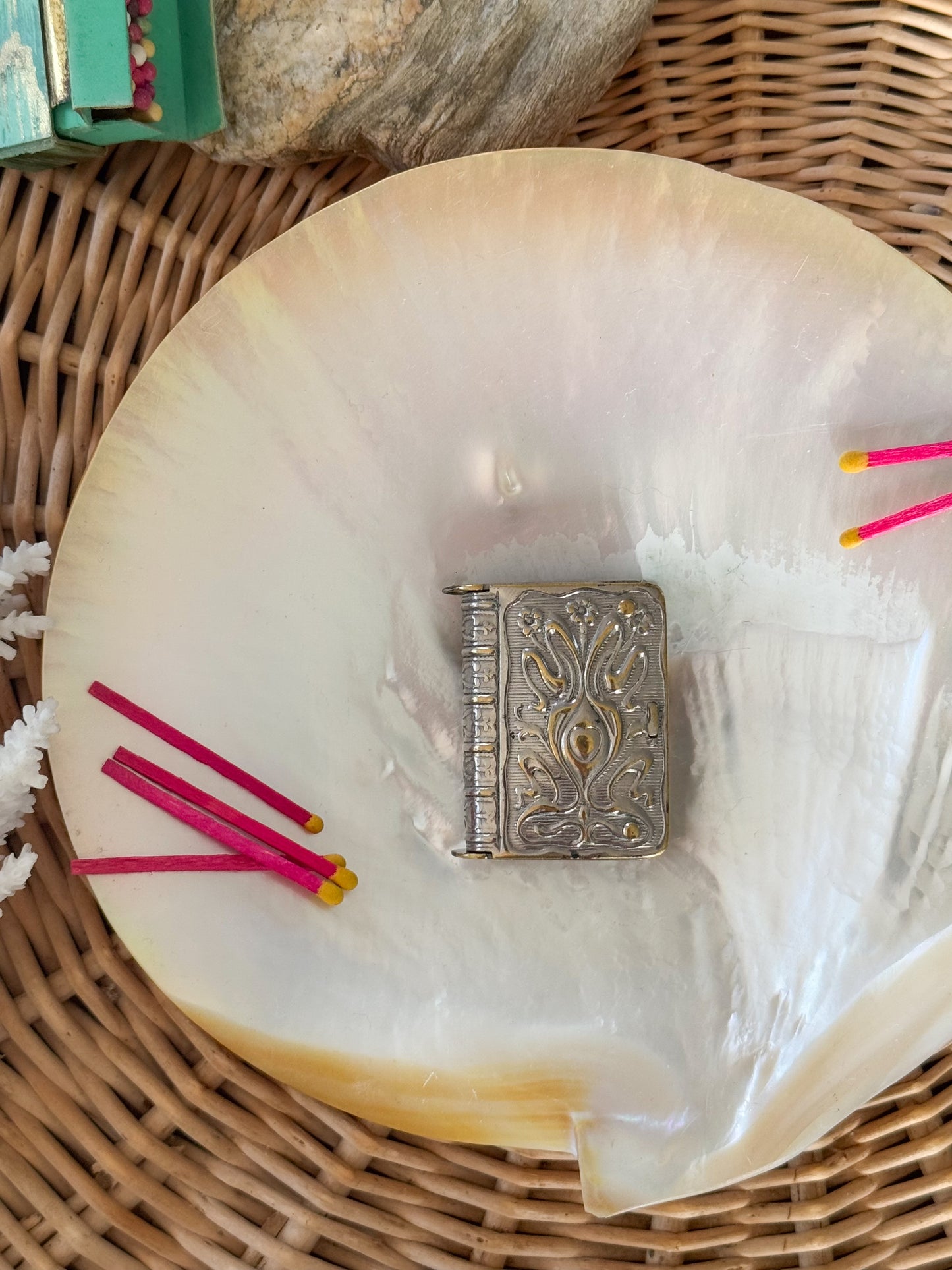 Vintage Silver Plated Book Shaped Vesta Case with Floral Etchings
