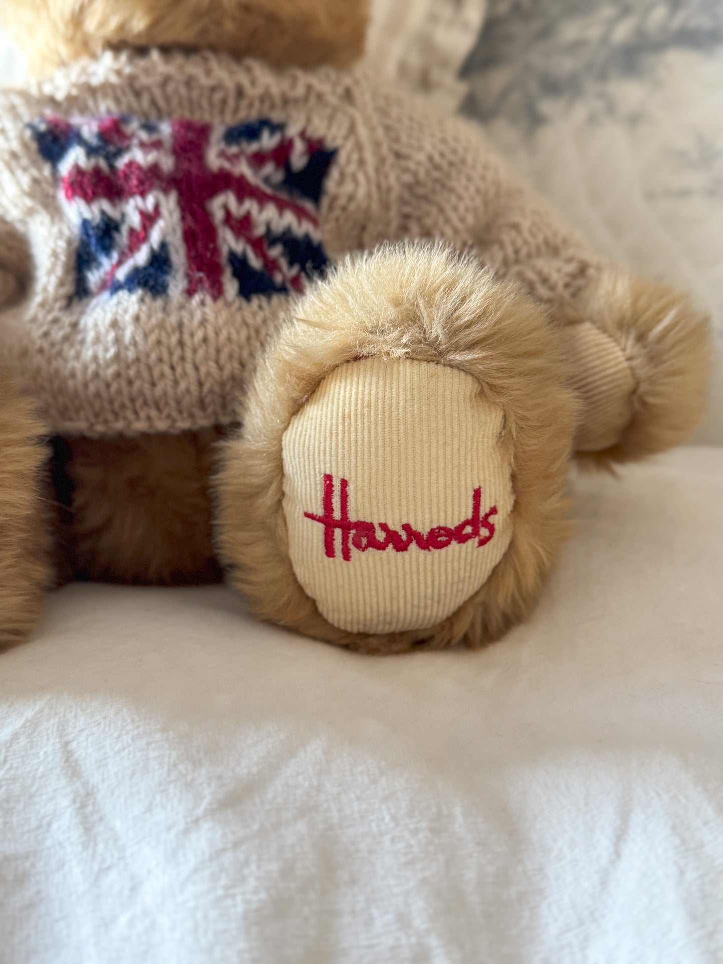 Vintage Harrods Knightsbridge Teddy Bear with Wool Union Jack Jumper