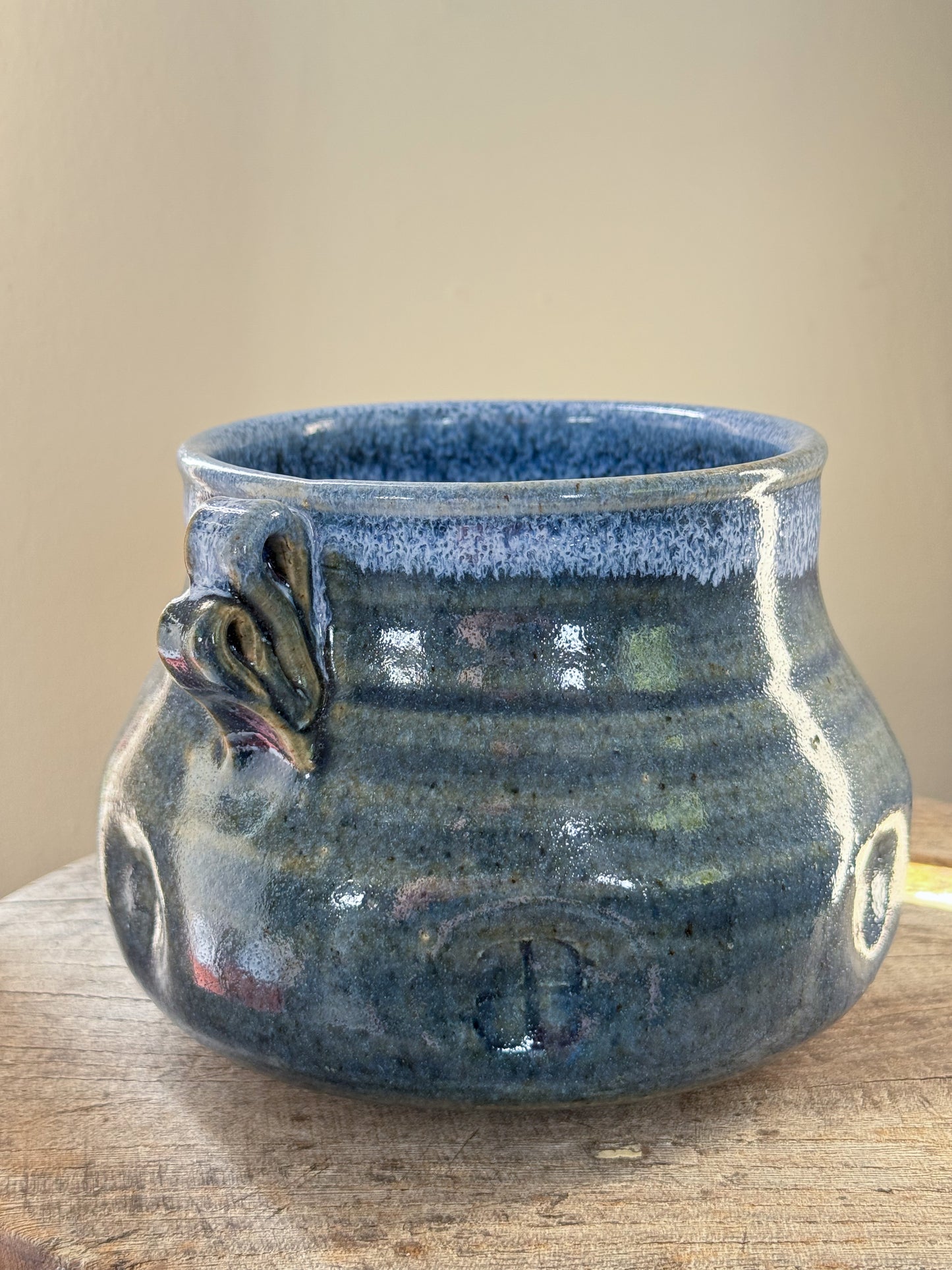 Vintage Studio Pottery Blue Drip Glaze Pinched Pot – Signed JL