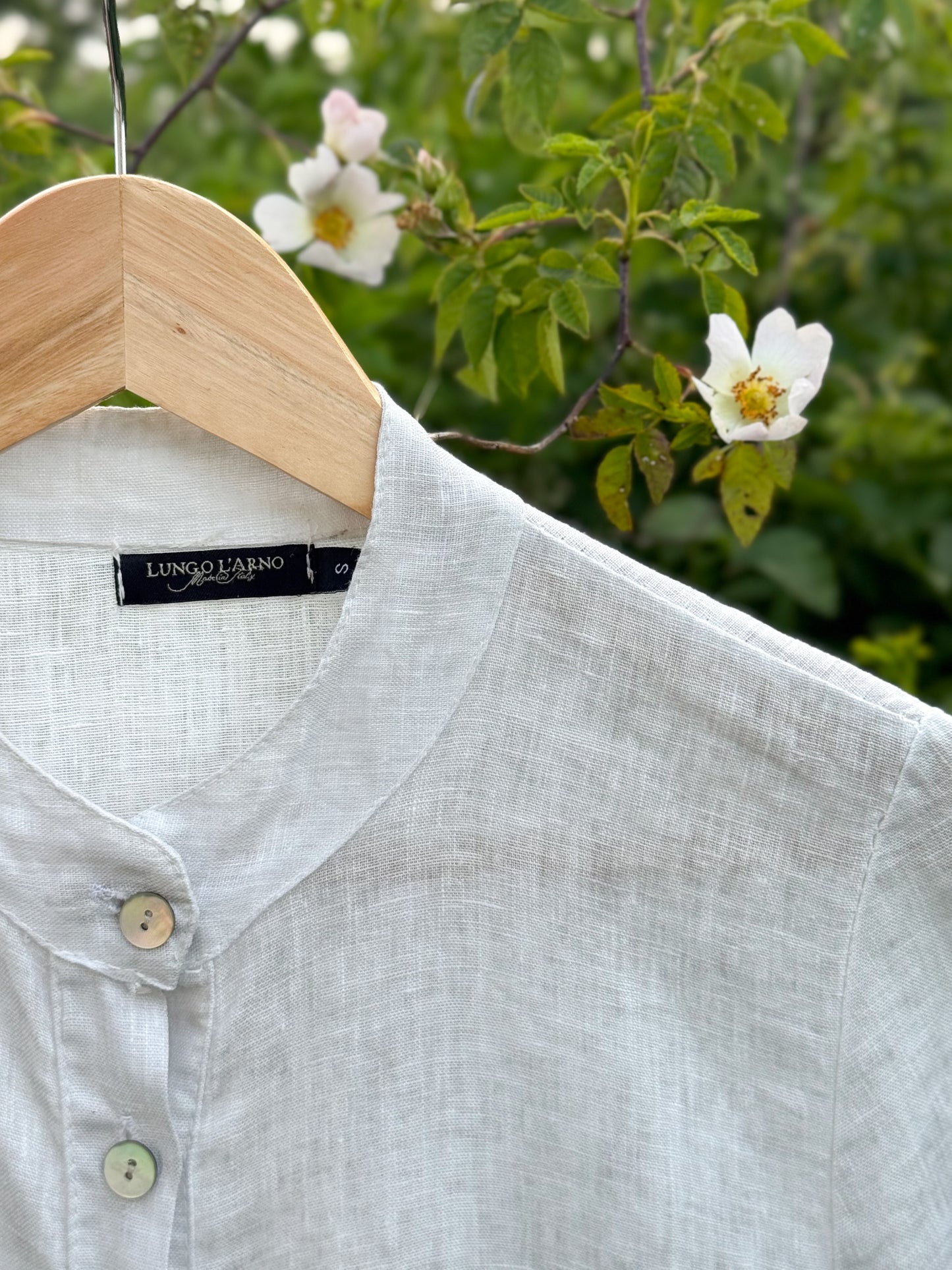 Vintage Italian Lungo L’Arno Linen Shirt Dress with Mother of Pearl Buttons – Size S