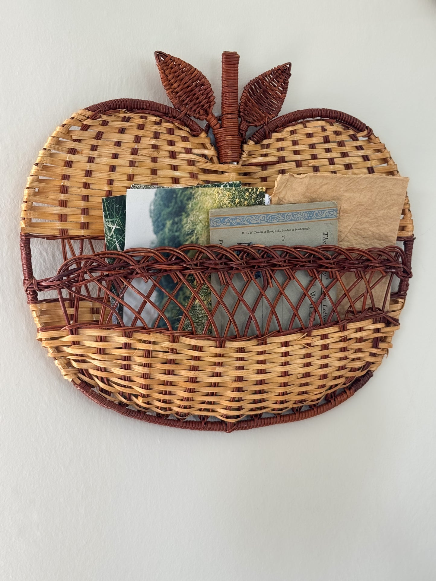 Vintage Midcentury Wicker Apple Wall Pocket / Letter Rack