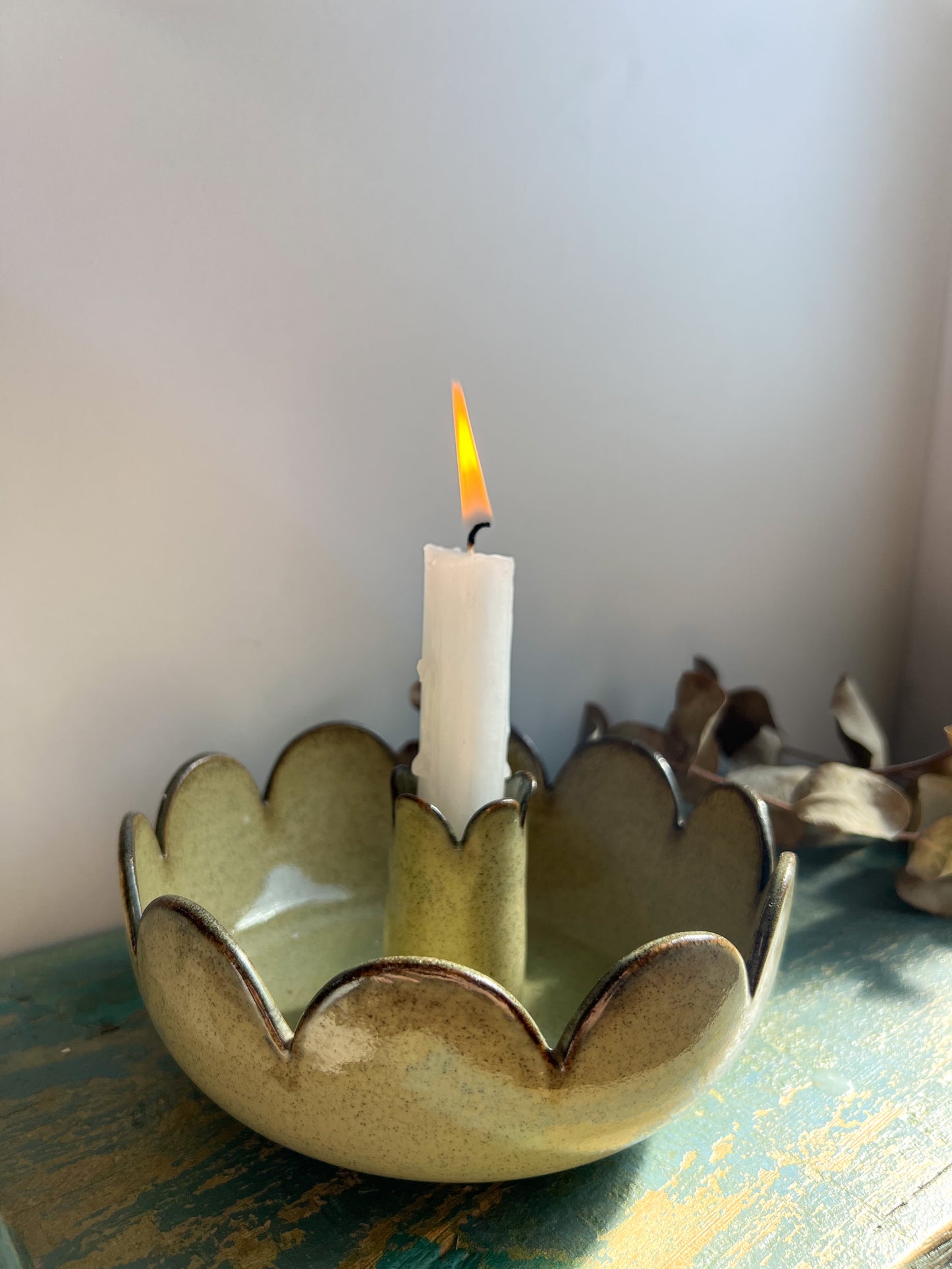 Jersey Pottery Green Scalloped Ceramic Candle-Holder