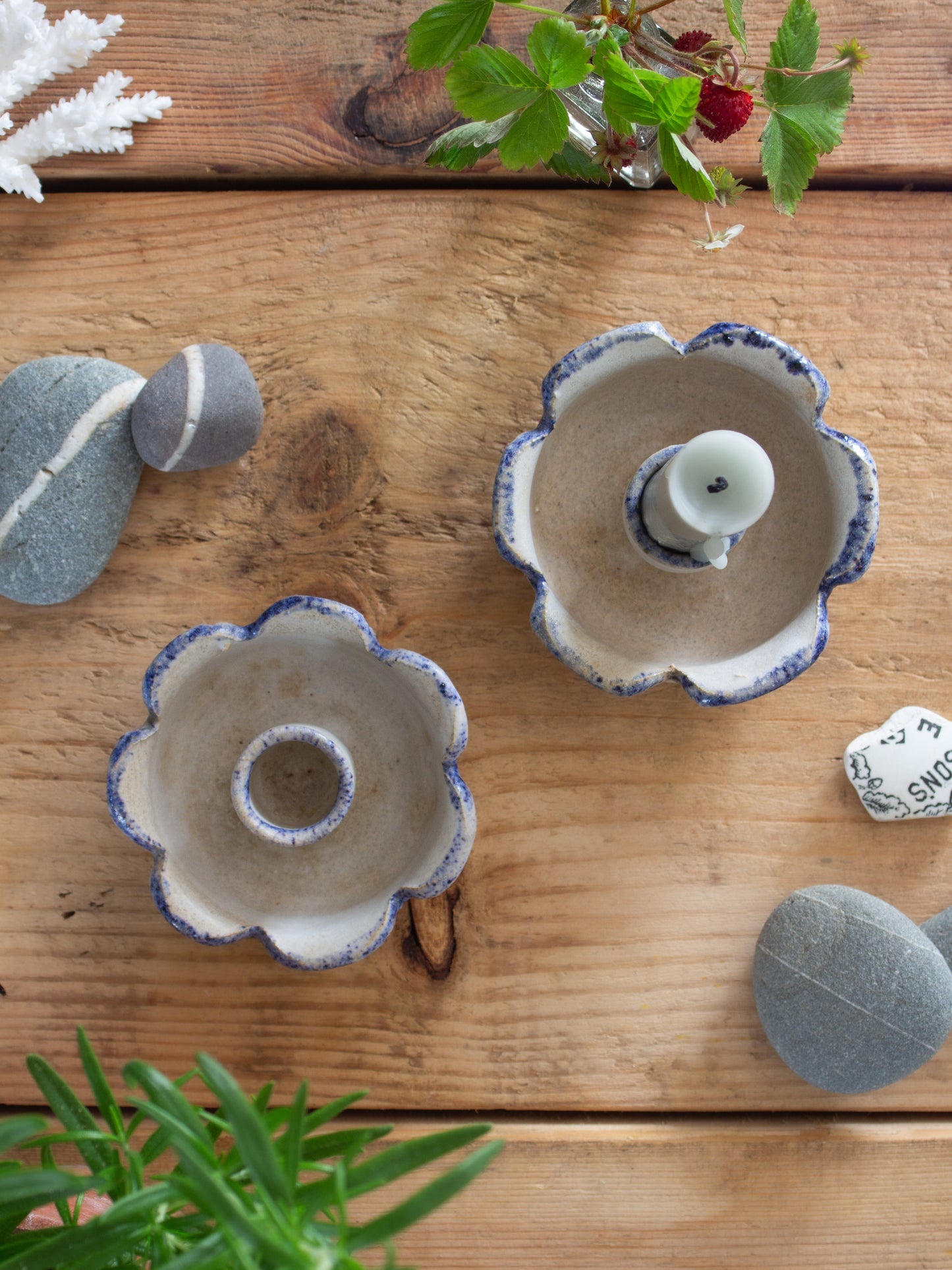 Pair of Vintage Studio Pottery Scalloped Flower Candle Holders