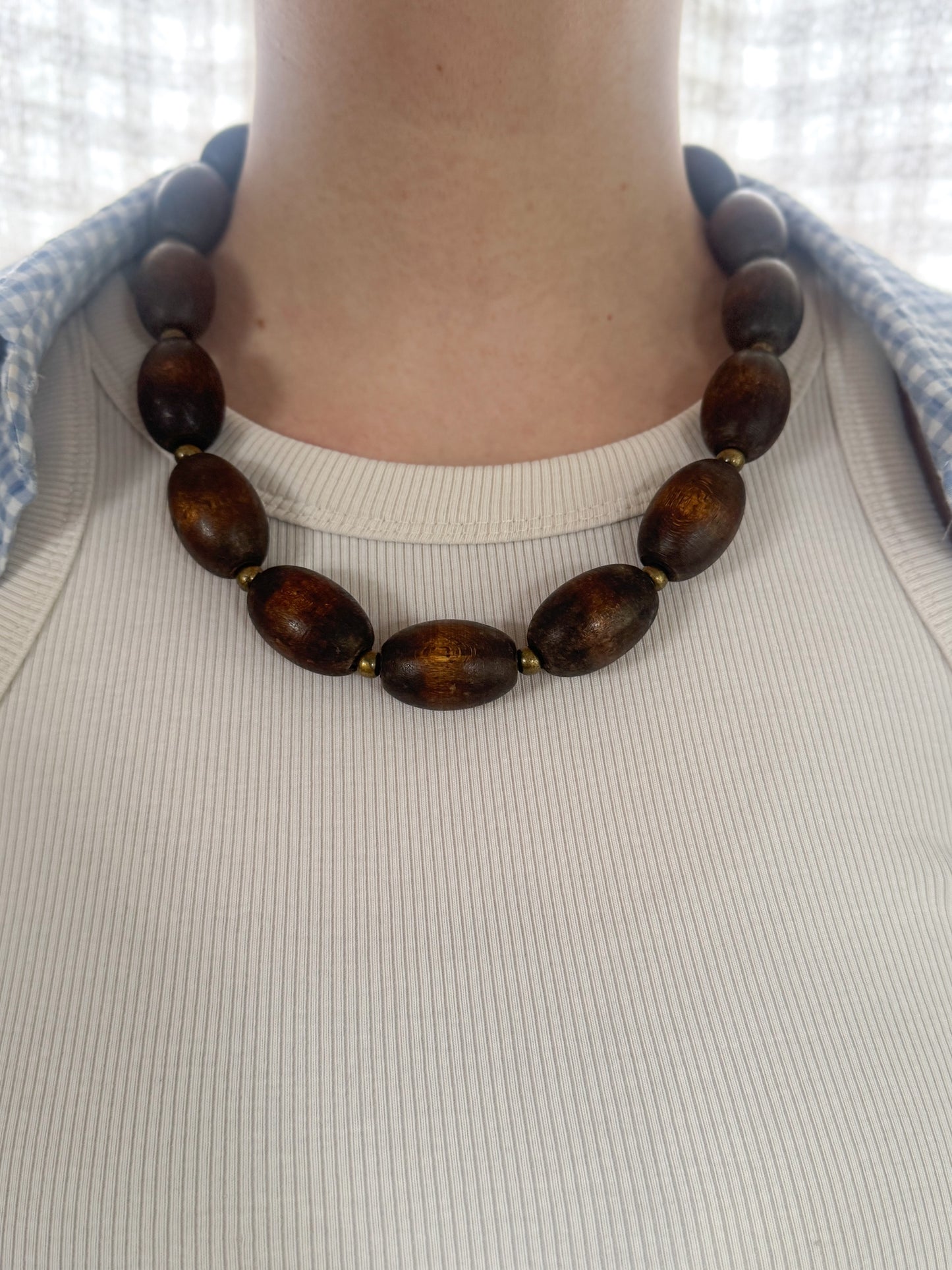 Vintage Wood & Brass Beaded Necklace