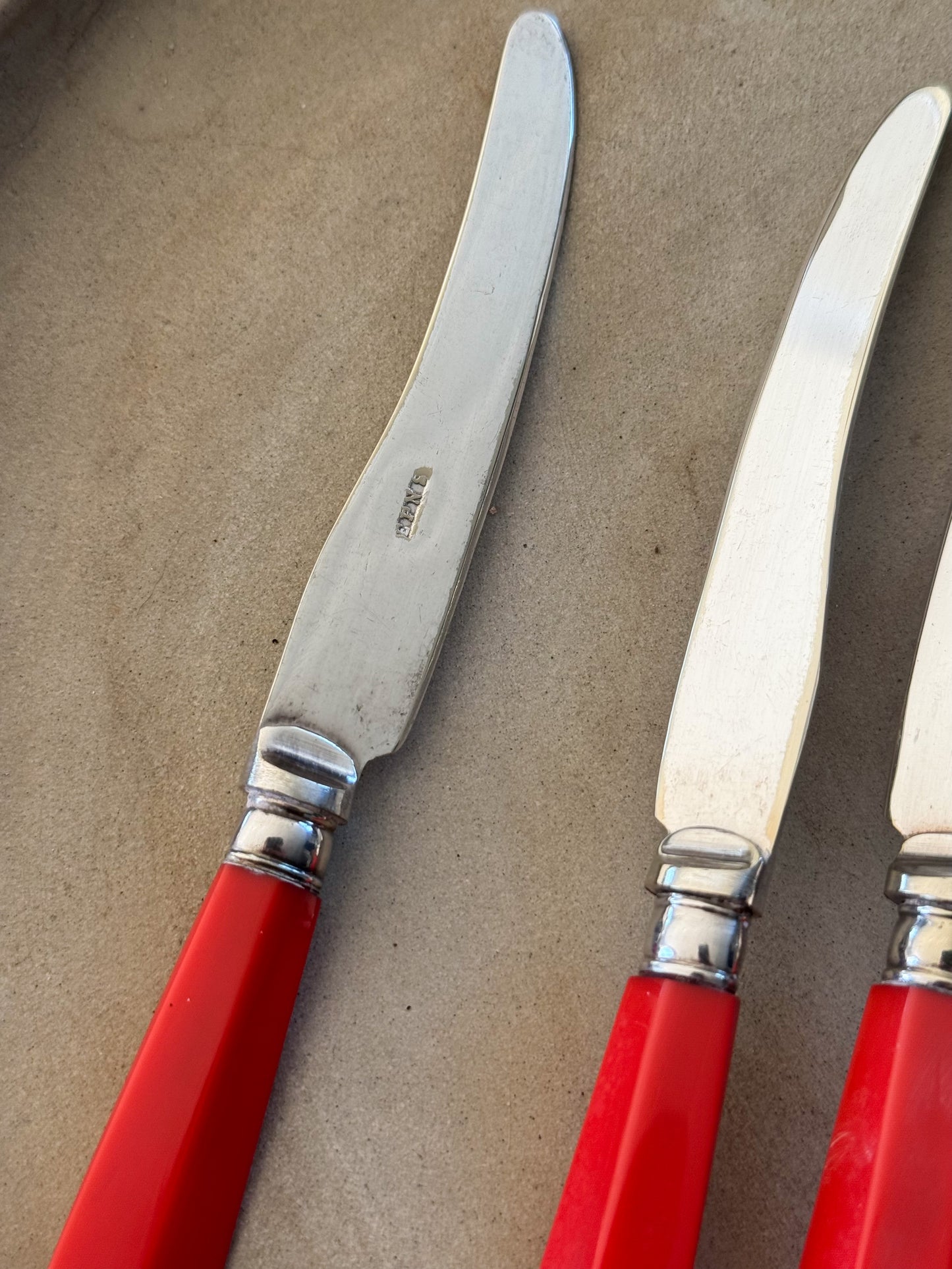 Set of 6 Vintage Silver Plated Tea Knives with Red Handles