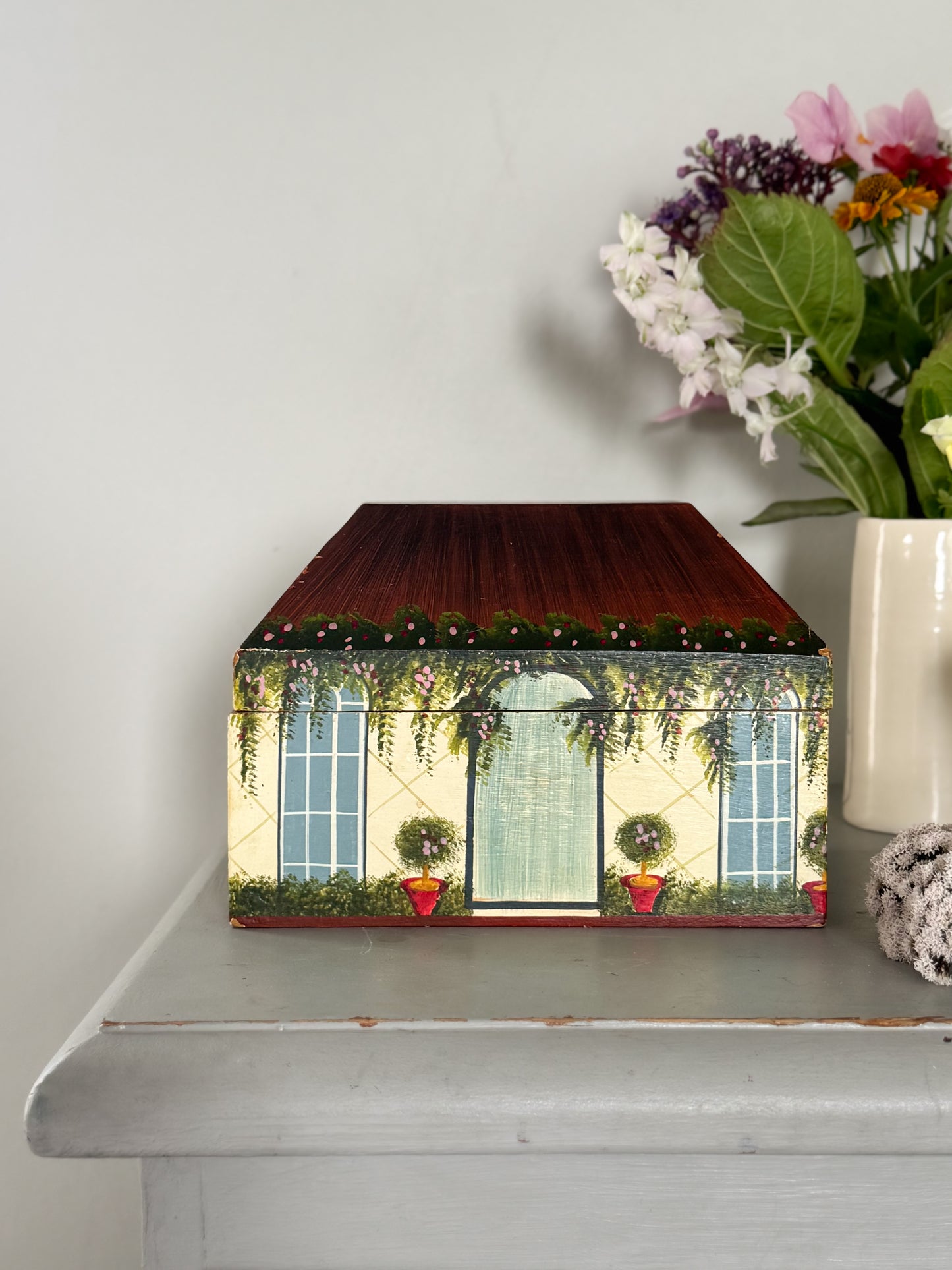 Vintage Hand-Painted Wooden Cottage Keepsake Box