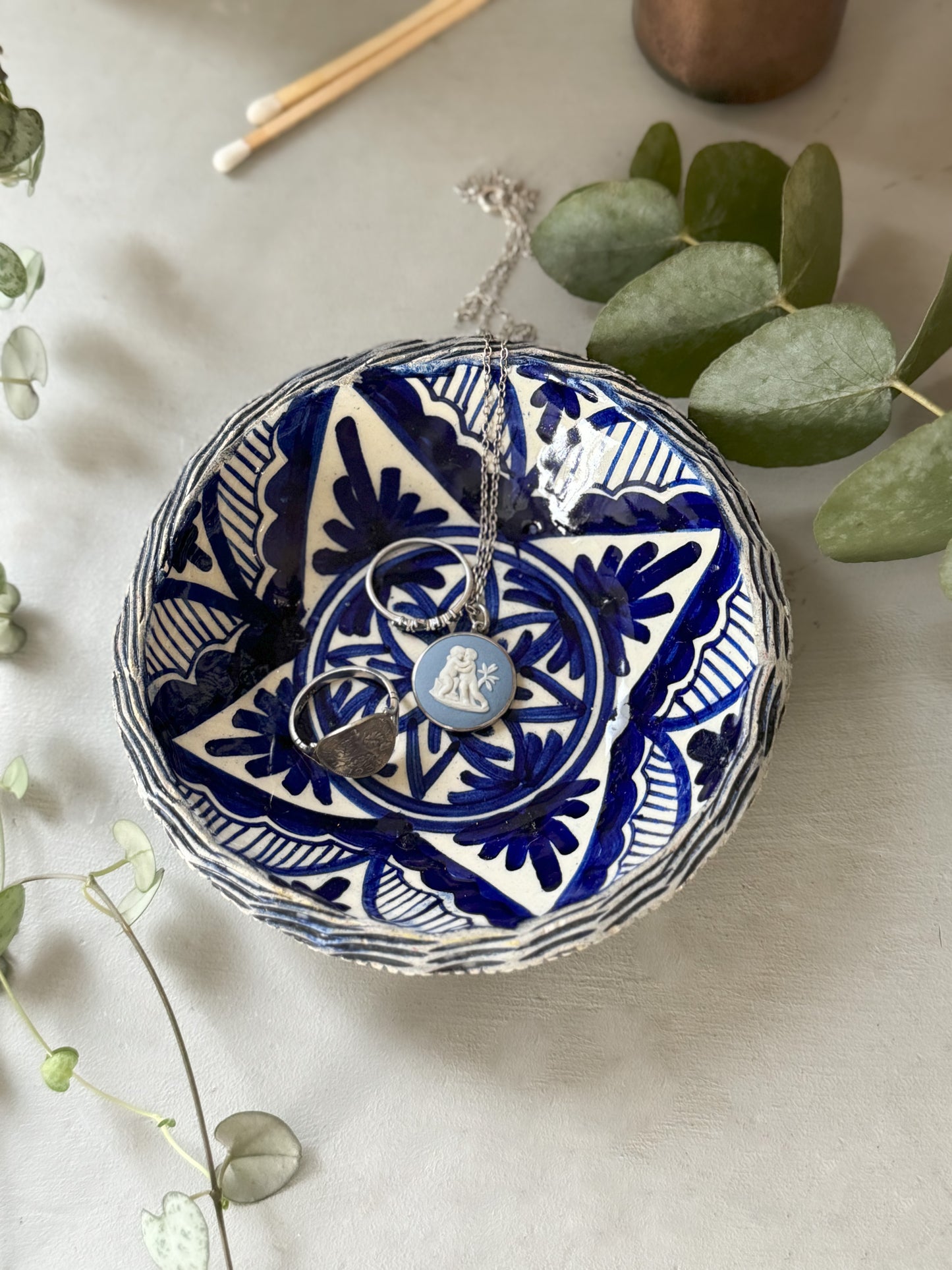 Vintage Blue & White Glazed Bowl Trinket with Lattice Detailing
