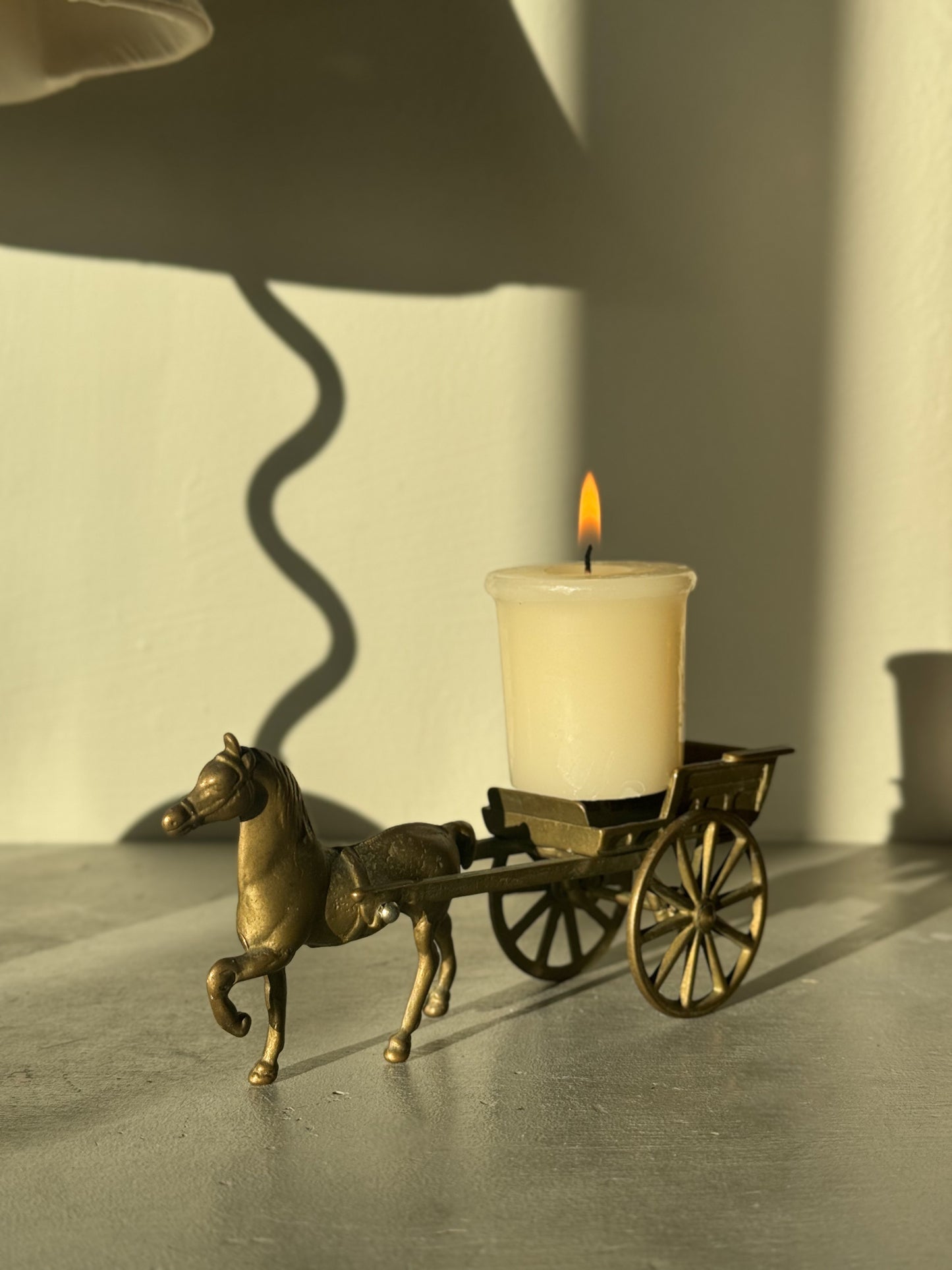 Vintage Brass Horse & Cart With Turning Wheels