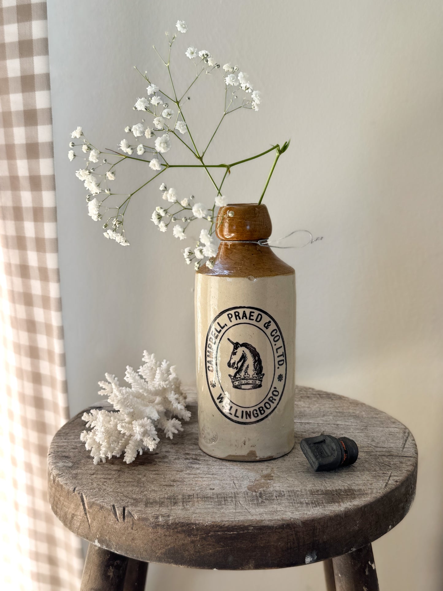 Antique Victorian Stoneware Ginger Beer Bottle, Bourne Denby for Campbell Praed & Co. Ltd., Wellingboro