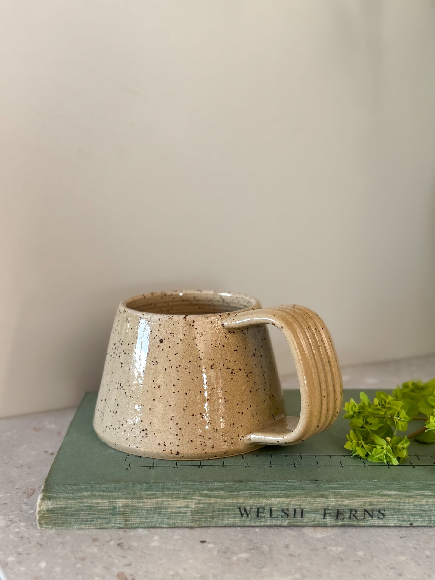 Studio Pottery Mug with Teabag Illustration, Hand-Painted & Speckled (Flared Base)