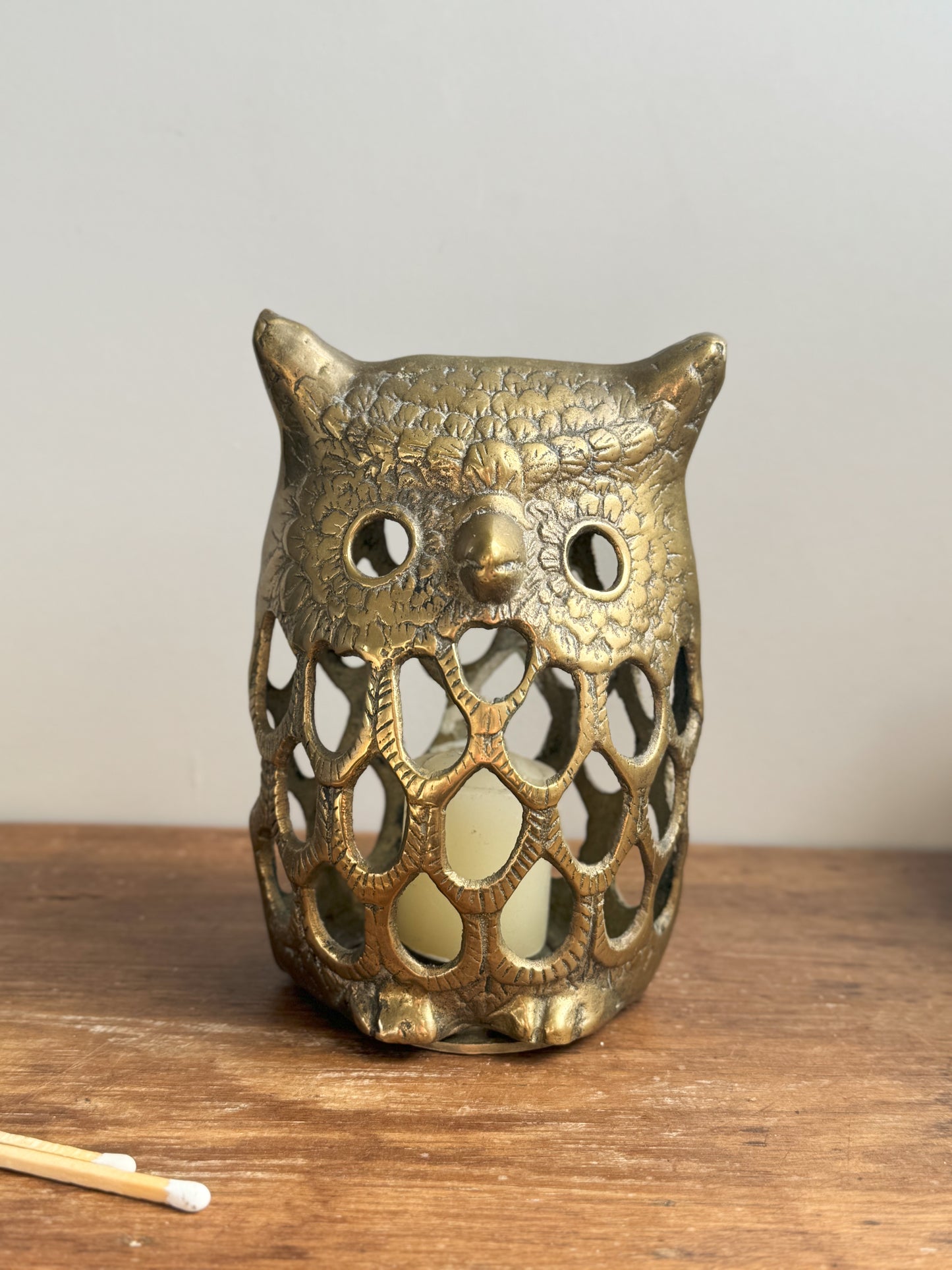 Vintage Solid Brass Owl Lantern • Candle Holder