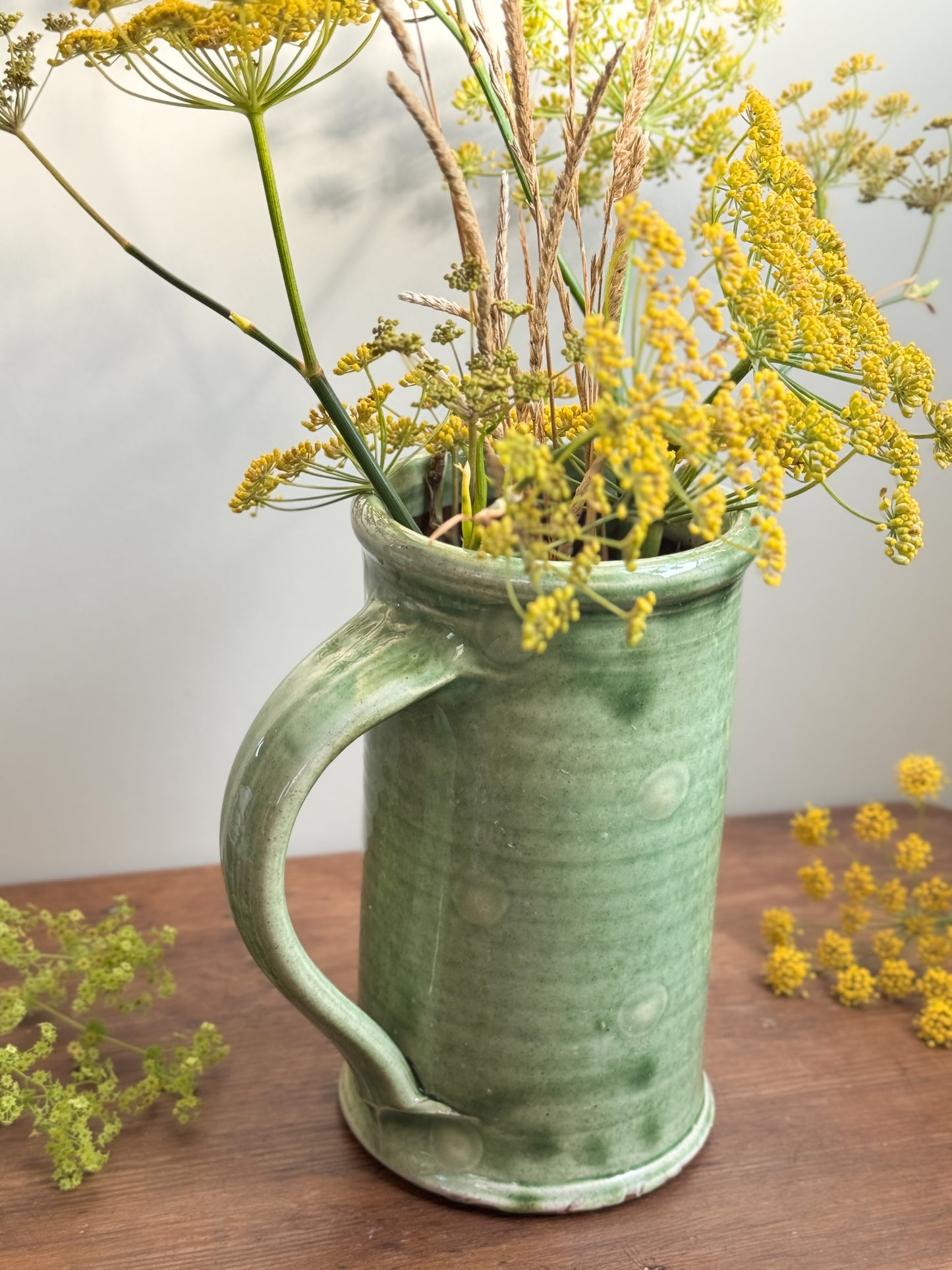 Vintage Studio Pottery Muted Green Polka Dot Jug