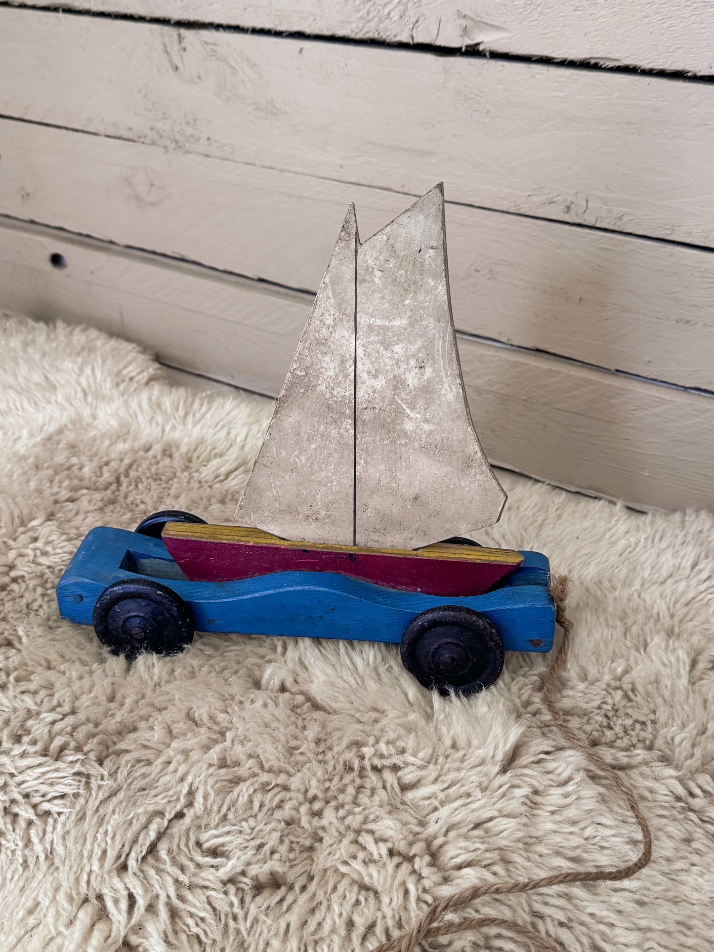 Vintage 1940s–1950s Handmade Folk Art Wooden Pull-Along Bobbing Sailing Boat Toy