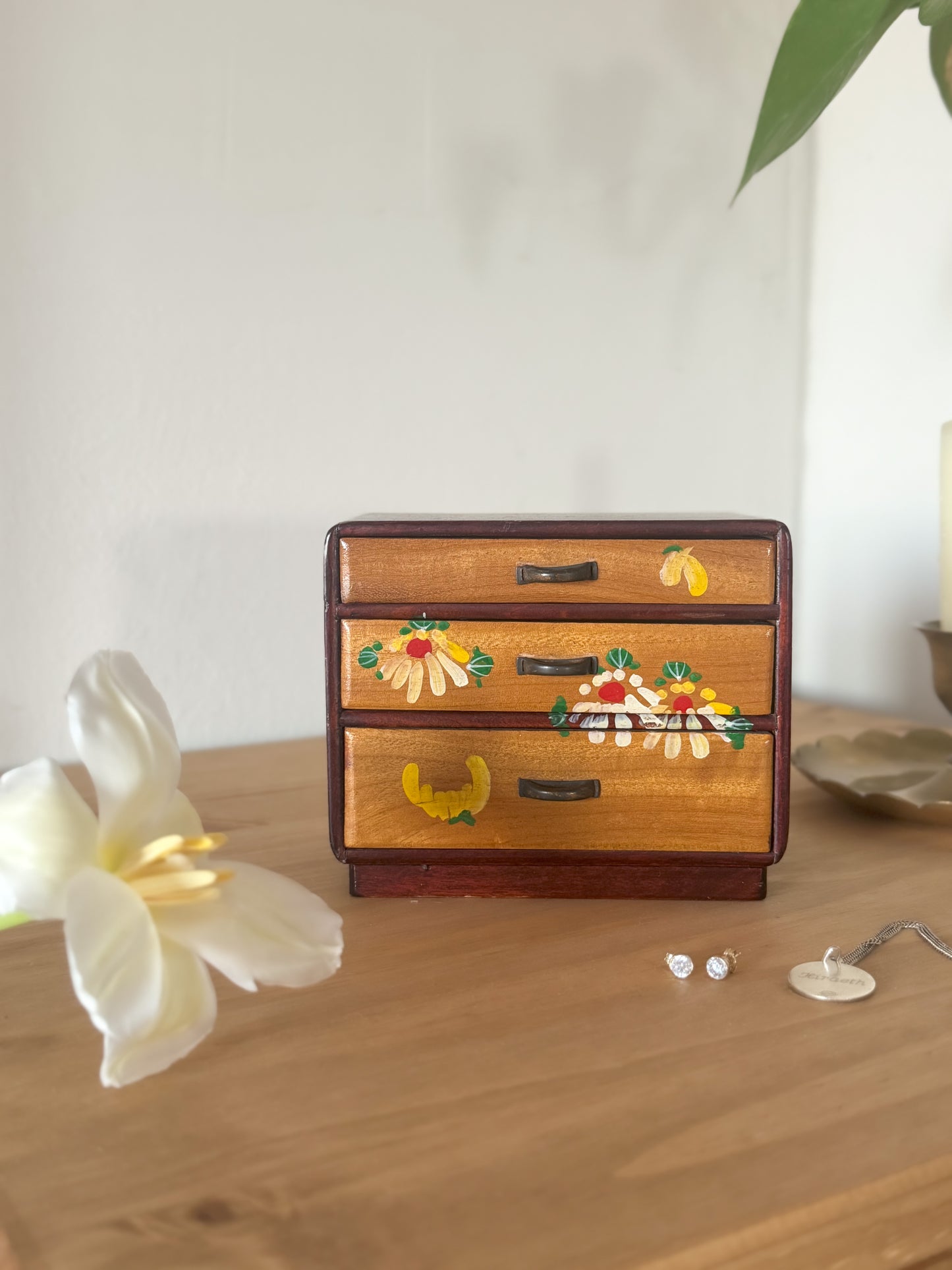Vintage Folk Art Hand-Painted Chest of Drawers Jewellery Box