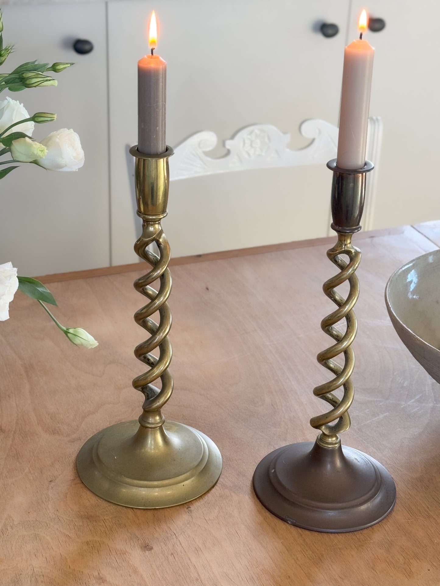 Pair of Antique Victorian Tall Solid Brass & Copper Barley Twist Candlesticks