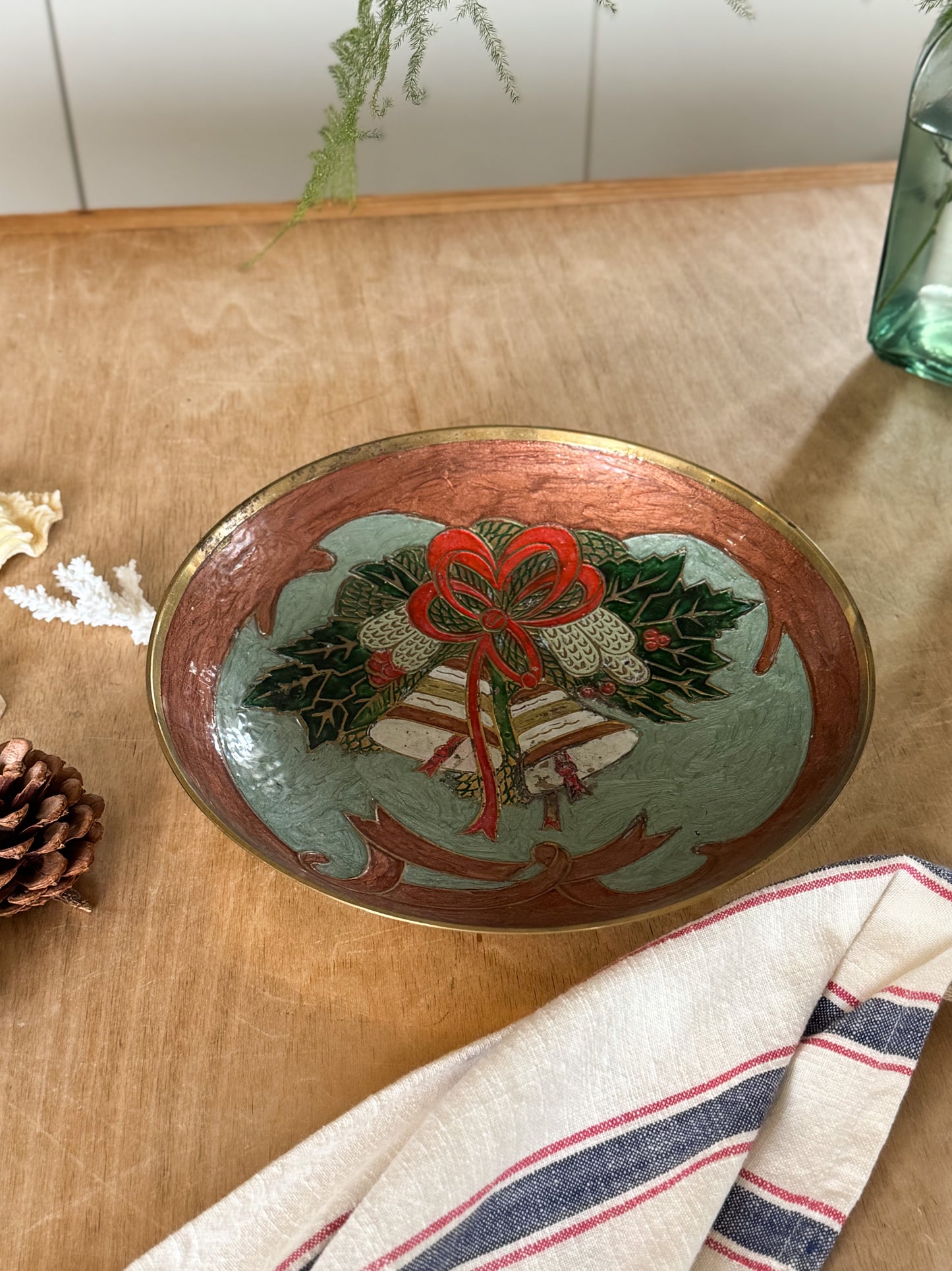 Vintage Solid Brass Enamel Pedestal Bowl - Festive Bells Design