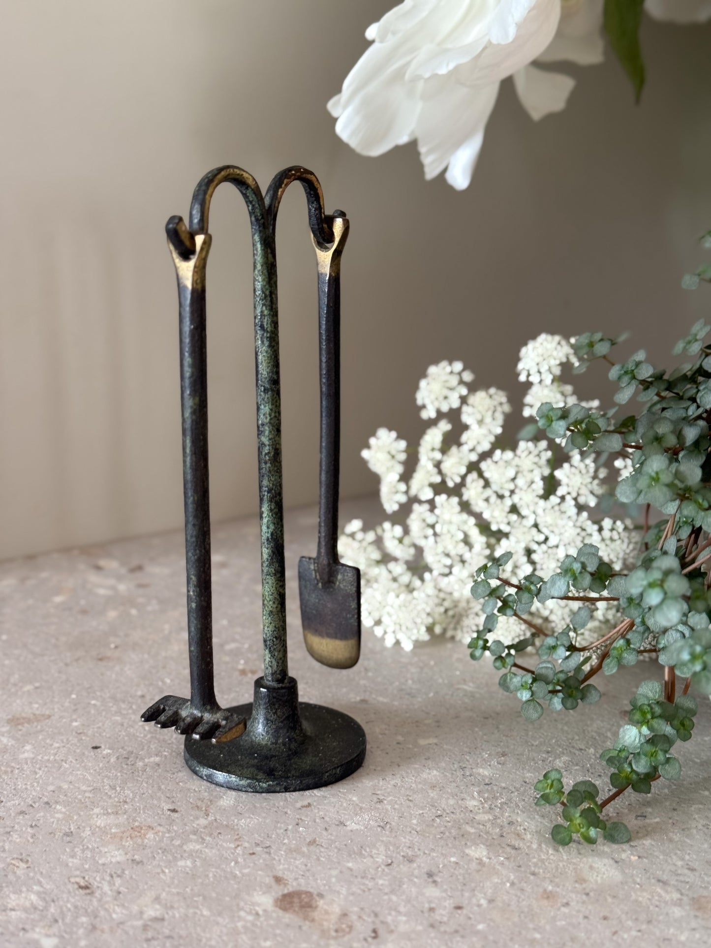Midcentury Miniature Brass Gardening Tool Set with Verdigris Patina