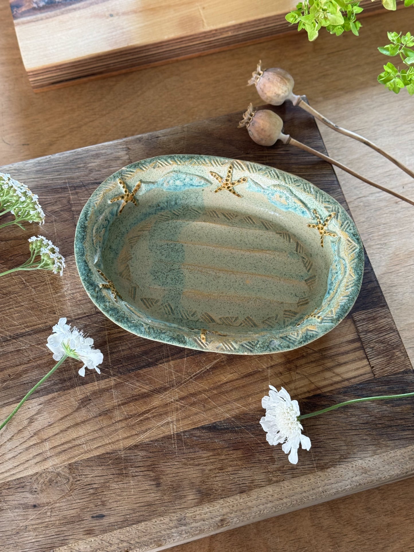 Vintage Studio Pottery Soap Dish – Sea-Inspired with Starfish & Fish Motif