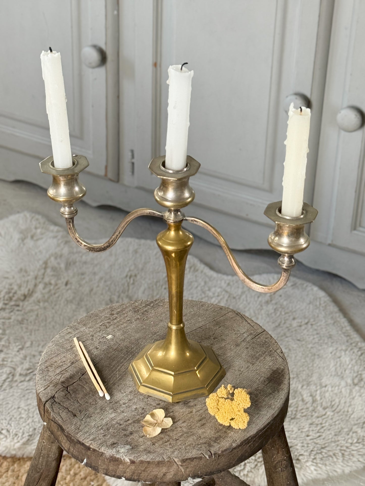 Aged Antique Two Tone Brass Candelabra