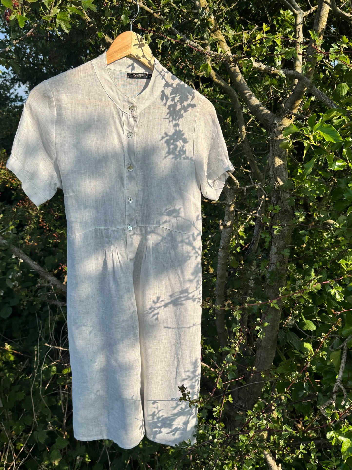 Vintage Italian Lungo L’Arno Linen Shirt Dress with Mother of Pearl Buttons – Size S