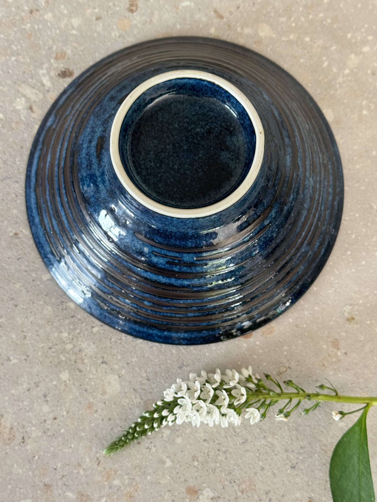 Vintage Studio Pottery Bowl with Deep Blue Spiral Glaze