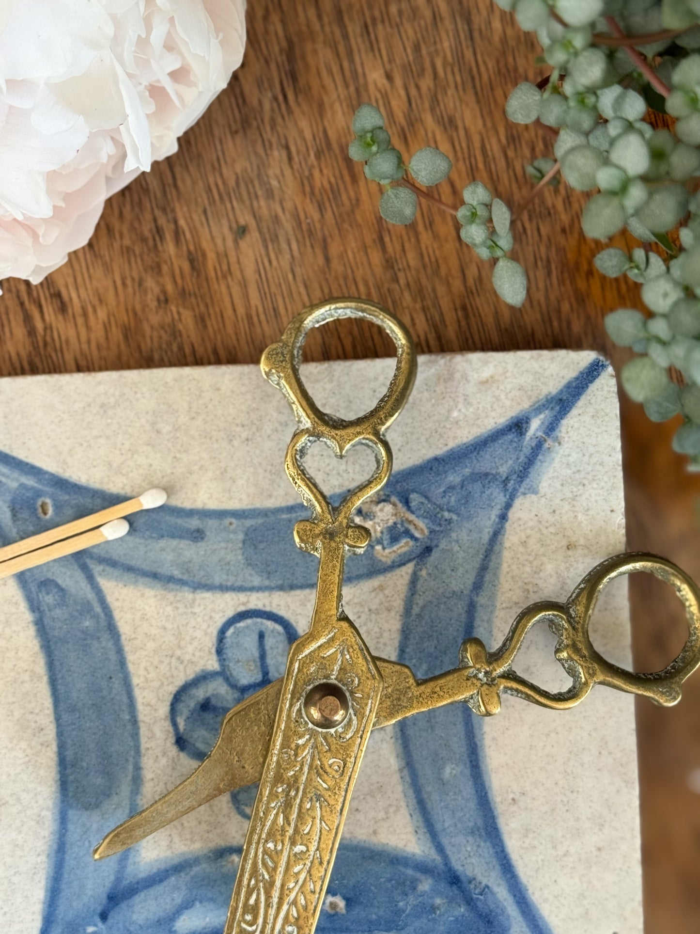 Victorian Brass Candle Wick Trimming Scissors | Intricate floral etching & heart shaped handles