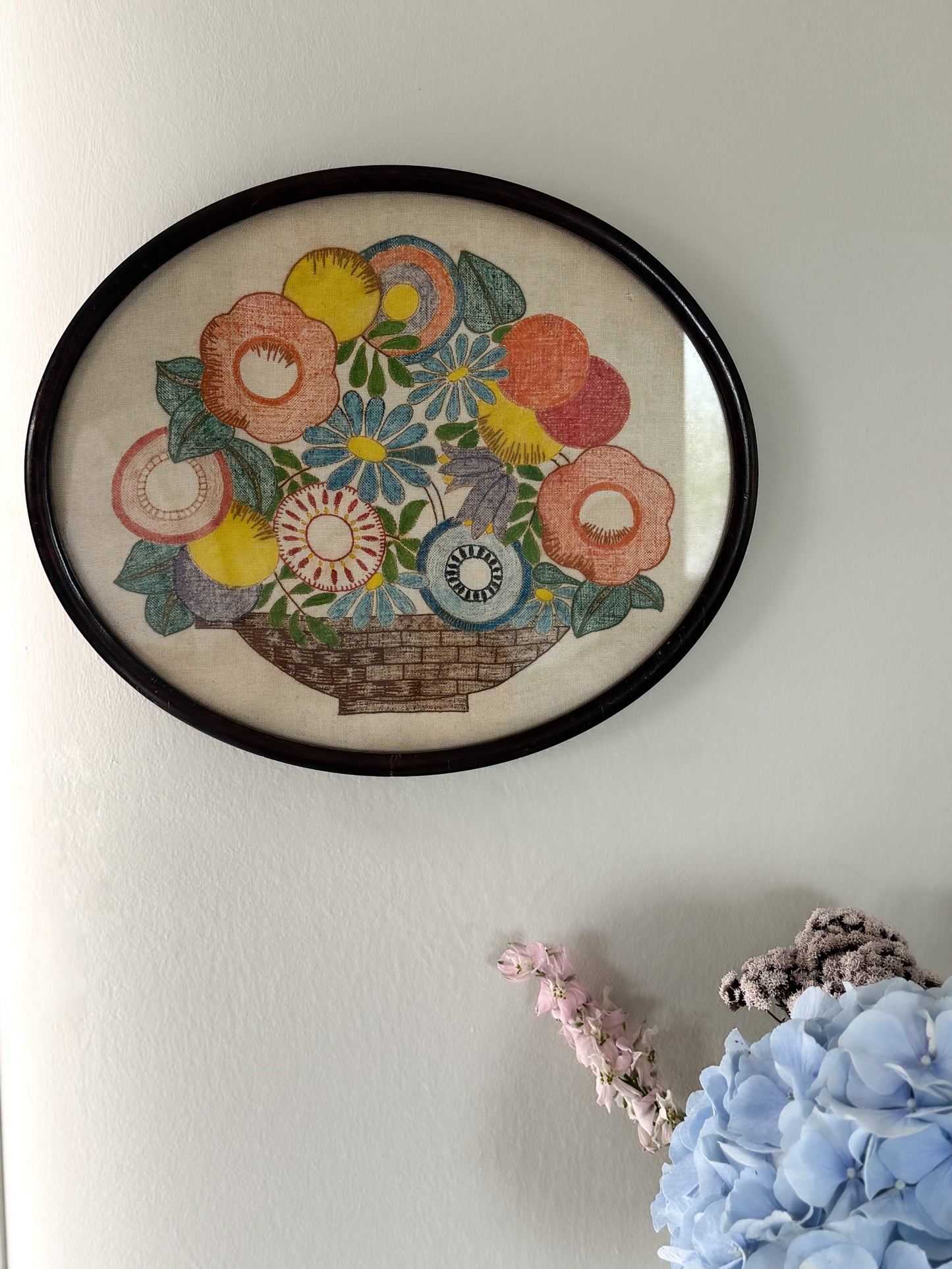 Framed Vintage 1930s Floral Embroidery in Glass-Fronted Wooden Frame