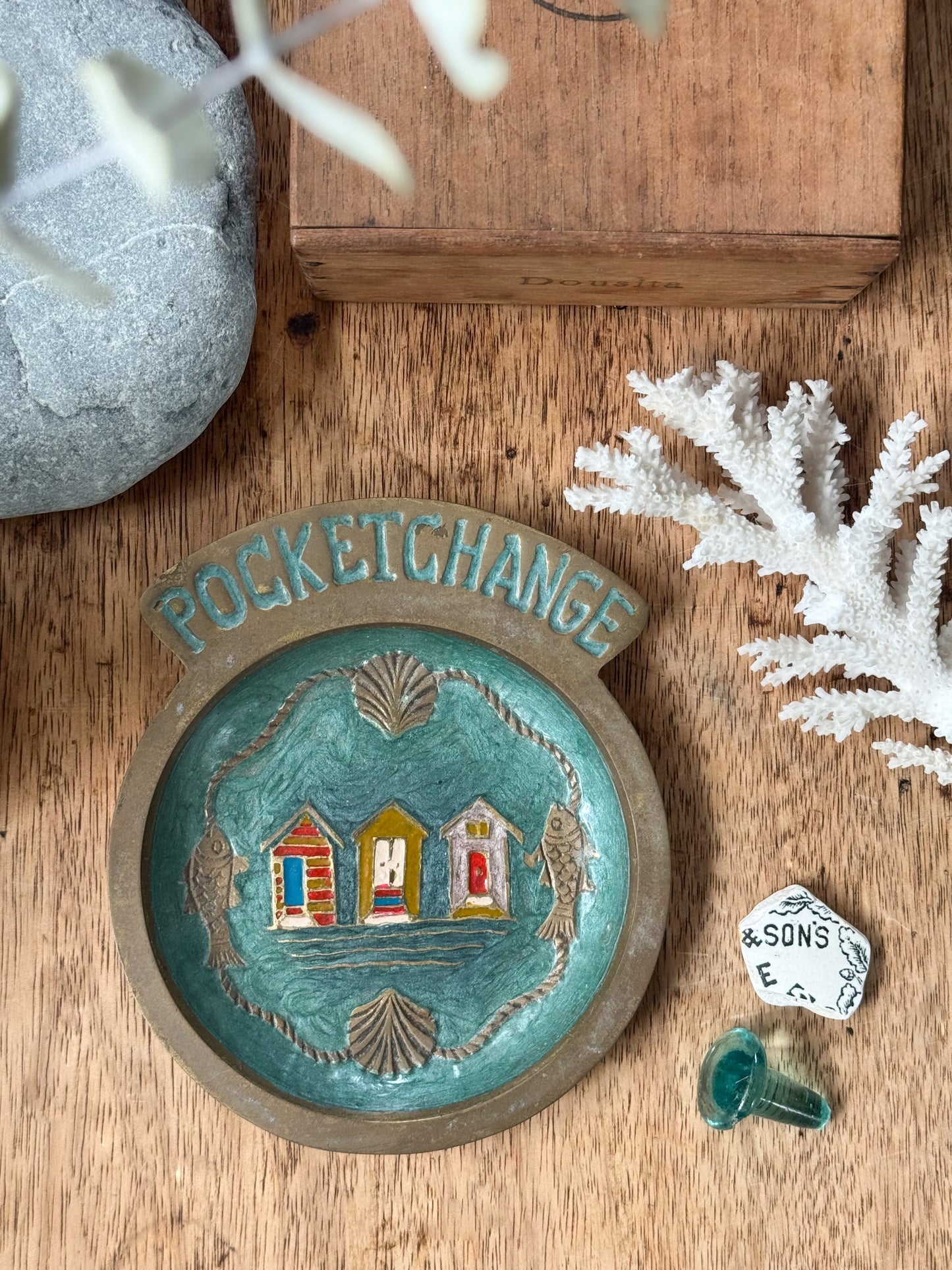 Vintage Solid Brass & Enamel “Pocket Change” Dish - Seaside Design