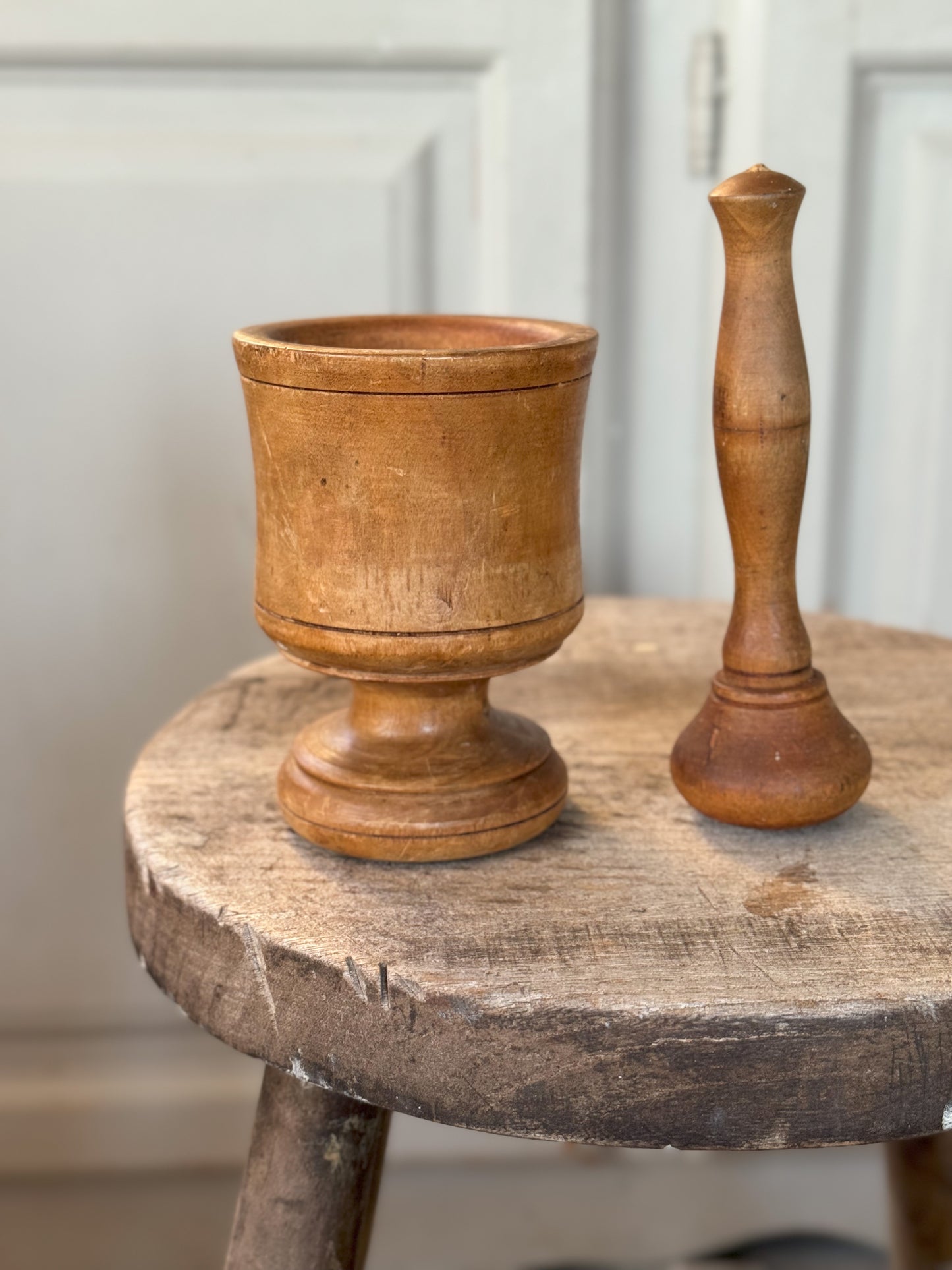 Vintage Aged Pine Pedestal Pestle & Mortar