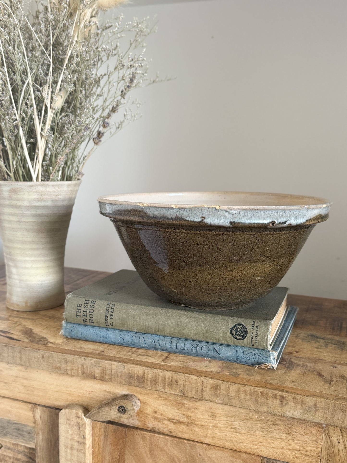 French Glazed Stoneware Olive Green & Blue Drip Glaze Bowl
