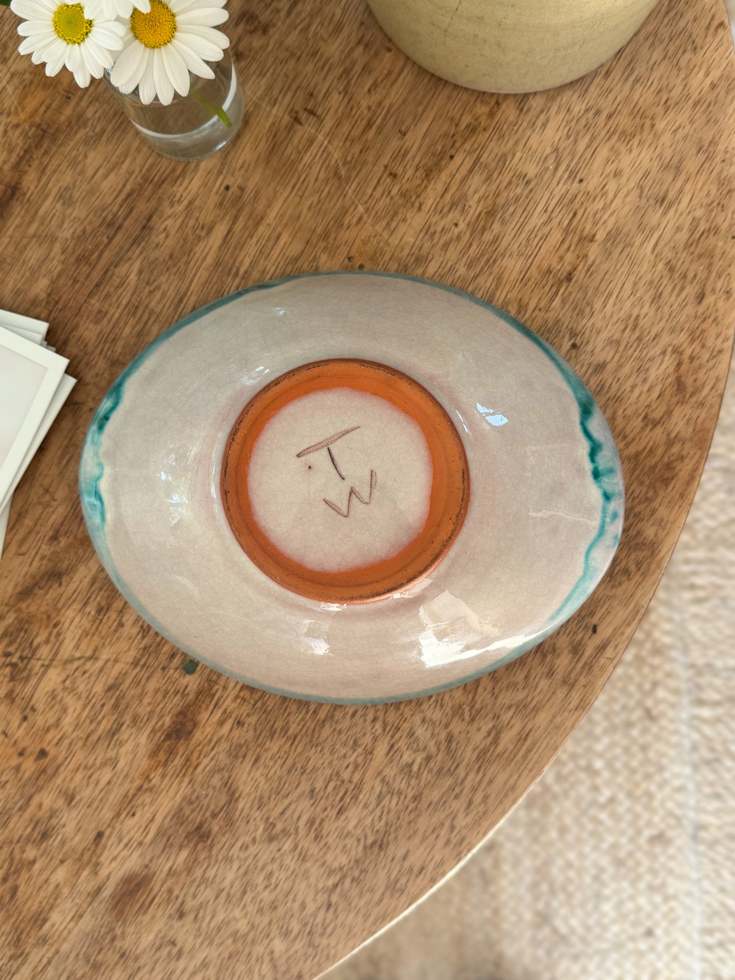 Hand-Painted German Studio Pottery Bowl – Bird Motif with Aqua Drip Glaze, Bad Wiessee