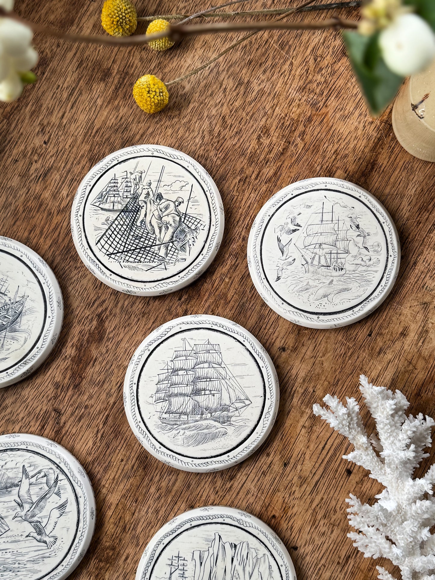 Set of 6 Vintage Etched Ceramic Nautical Coasters
